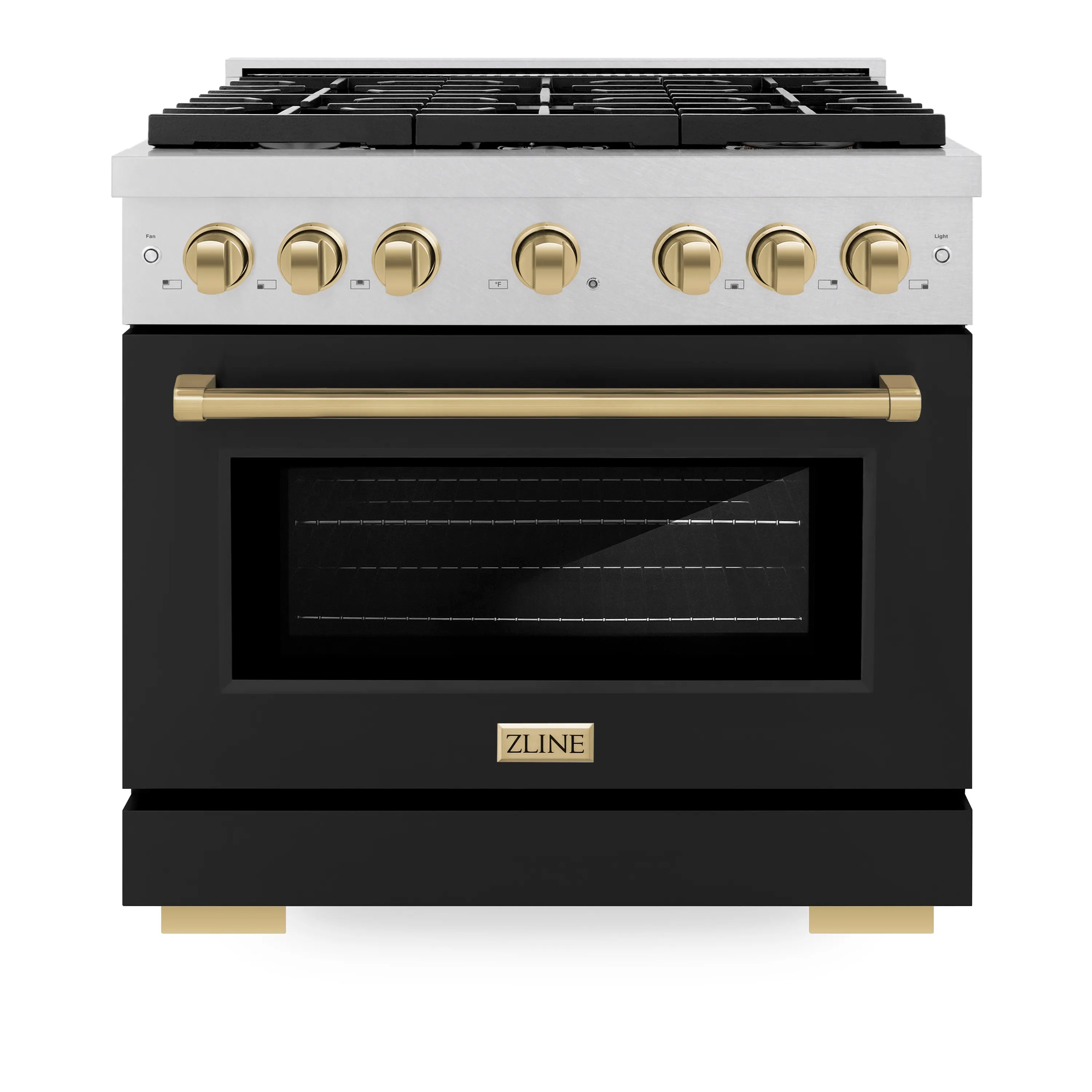 Dual fuel range front with gold knobs and handle beneath a black oven door