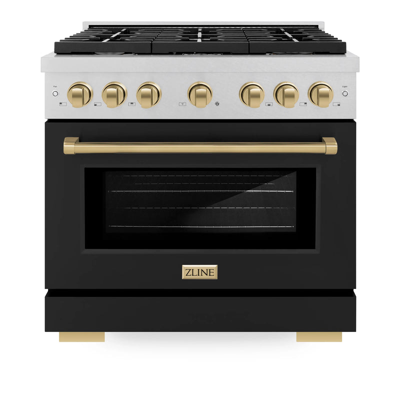 ZLINE Autograph Edition 36-Inch 5.2 cu. ft. Paramount Dual Fuel Range with 6 Burner Gas Cooktop and Electric Convection Oven in DuraSnow Stainless Steel with Black Matte Door and Champagne Bronze Accents (SDRSZ-BLM-36-CB)