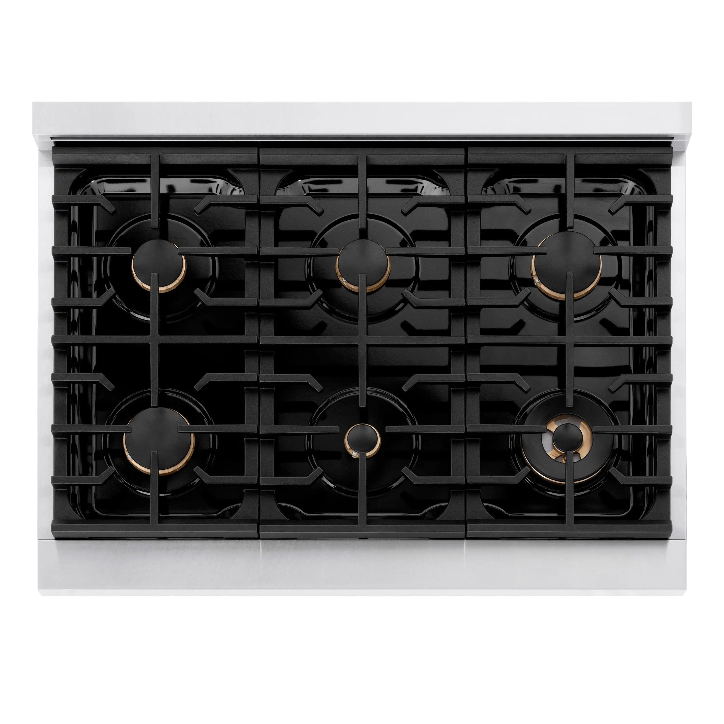 Six-burner gas cooktop with black grates and bronze burner caps
