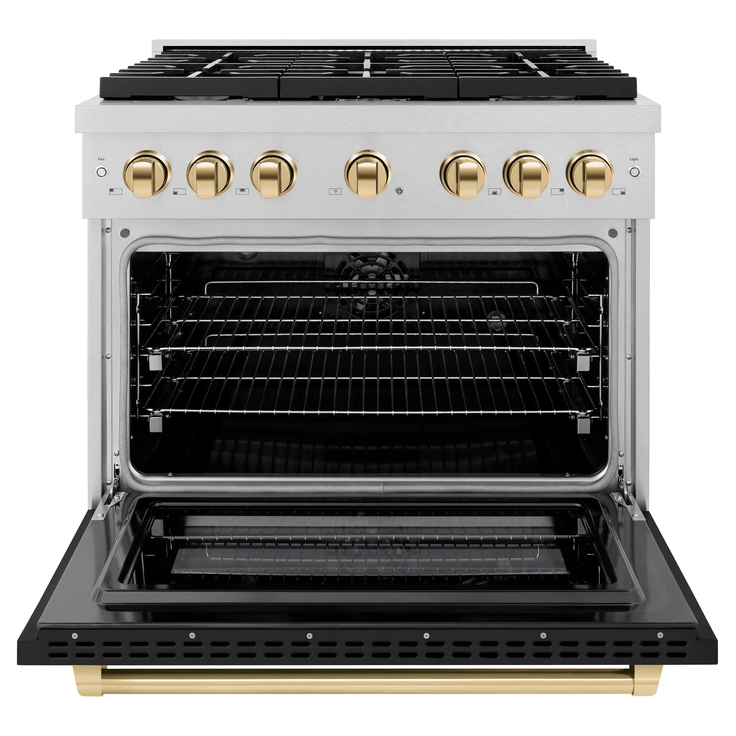 Dual fuel range oven door open, showing wire racks and convection interior lighting.