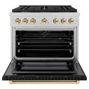 ZLINE Autograph Edition 36-Inch 5.2 cu. ft. Paramount Dual Fuel Range with 6 Burner Gas Cooktop and Electric Convection Oven in Satin Stainless Steel with Black Matte Door and Polished Gold Accents (SDRSZ-BLM-36-G)