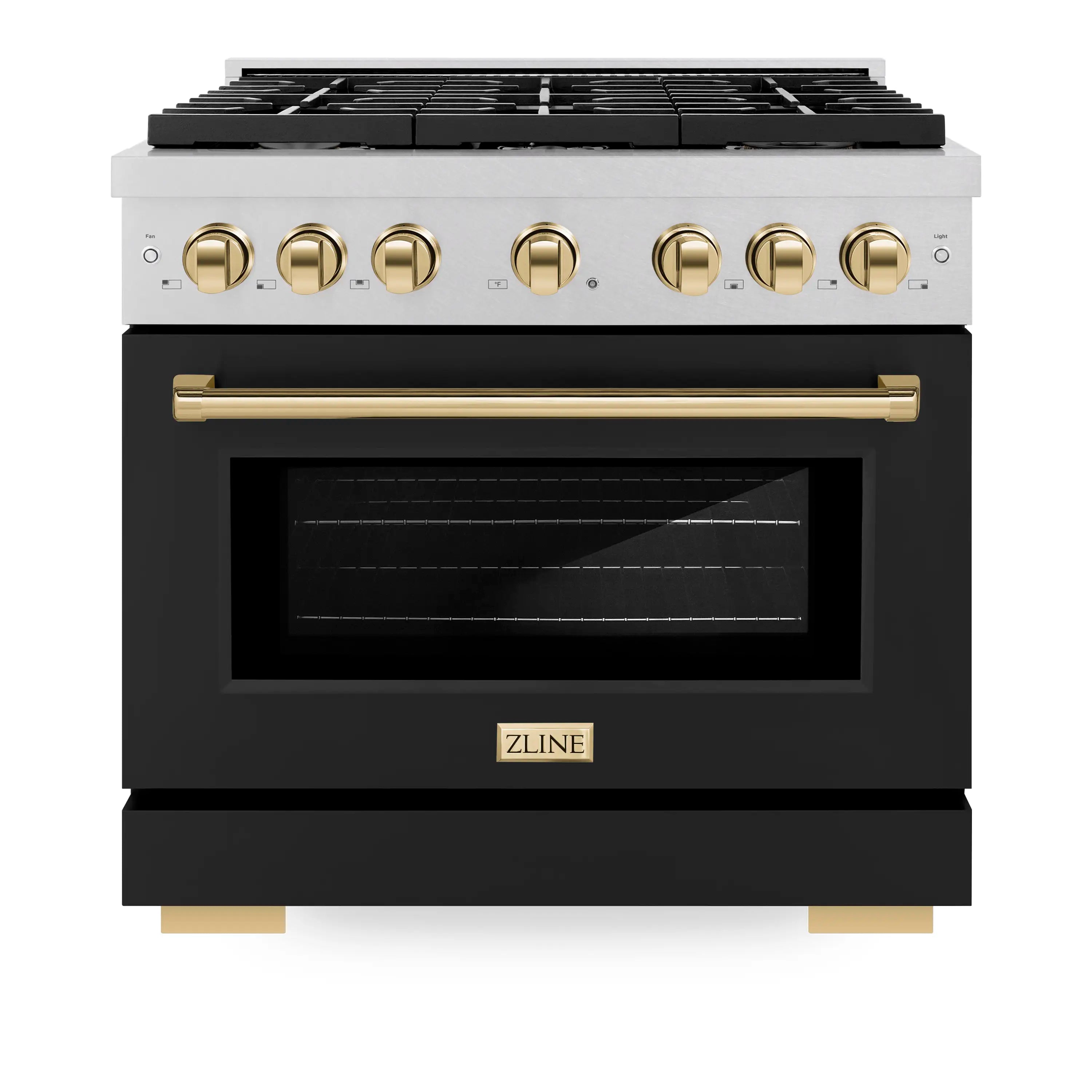 Dual fuel range front with gold control knobs, black matte door, and burner cooktop grates.