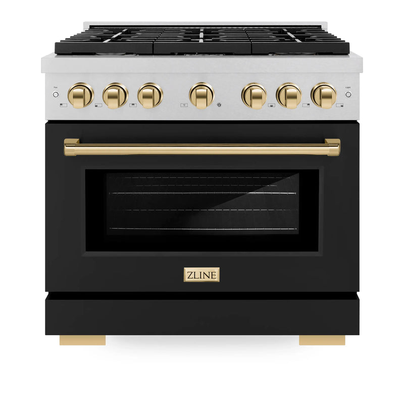 ZLINE Autograph Edition 36-Inch 5.2 cu. ft. Paramount Dual Fuel Range with 6 Burner Gas Cooktop and Electric Convection Oven in DuraSnow Stainless Steel with Black Matte Door and Polished Gold Accents (SDRSZ-BLM-36-G)