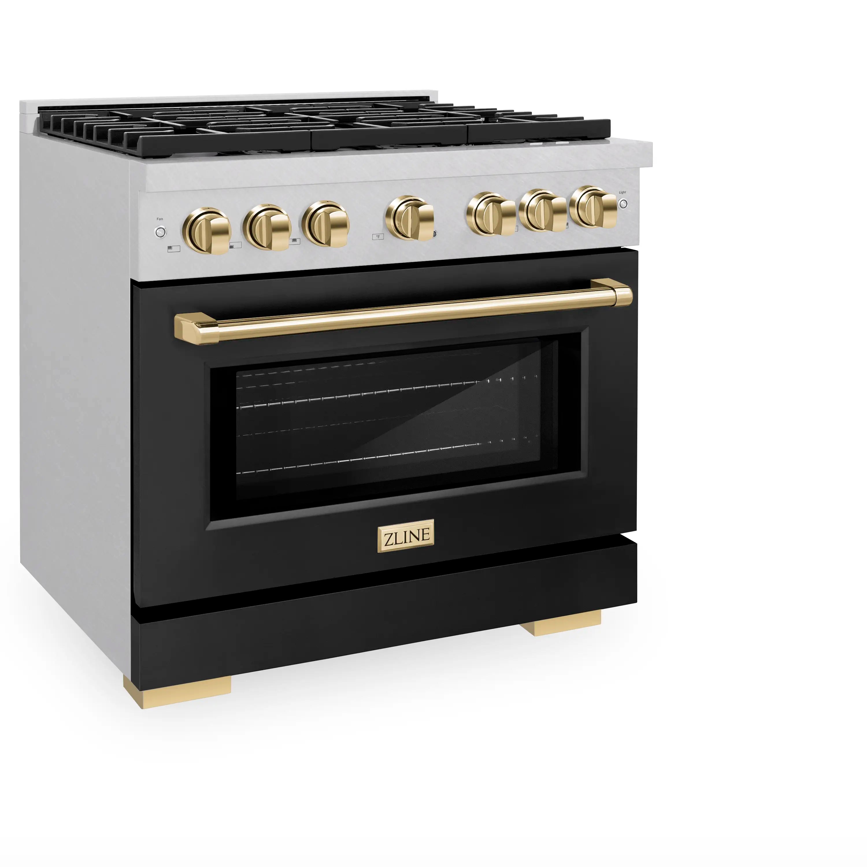 Dual fuel range with black oven door, satin stainless trim, and gold handle accents.