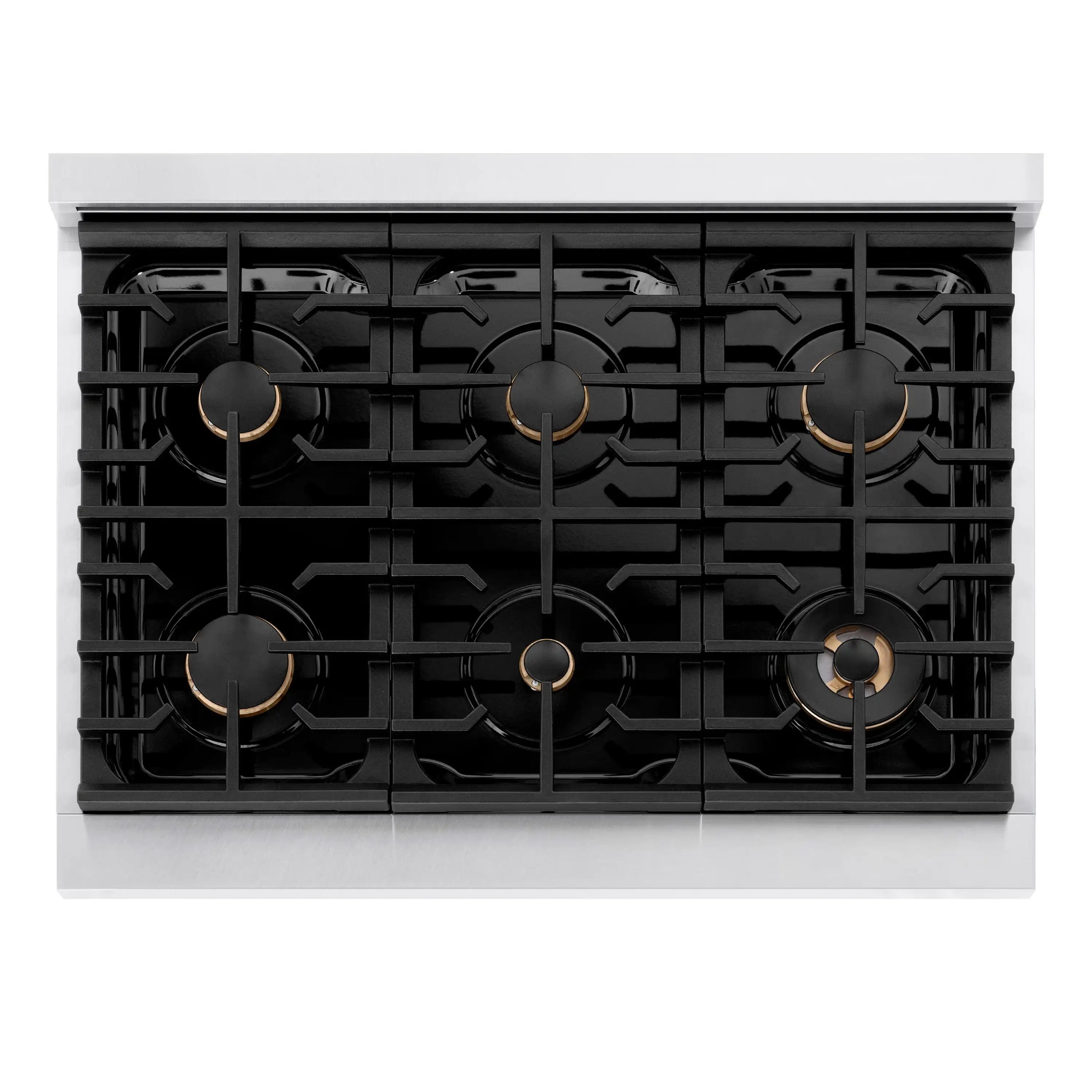 Top view of 6-burner gas cooktop with black grates and gold burner caps.
