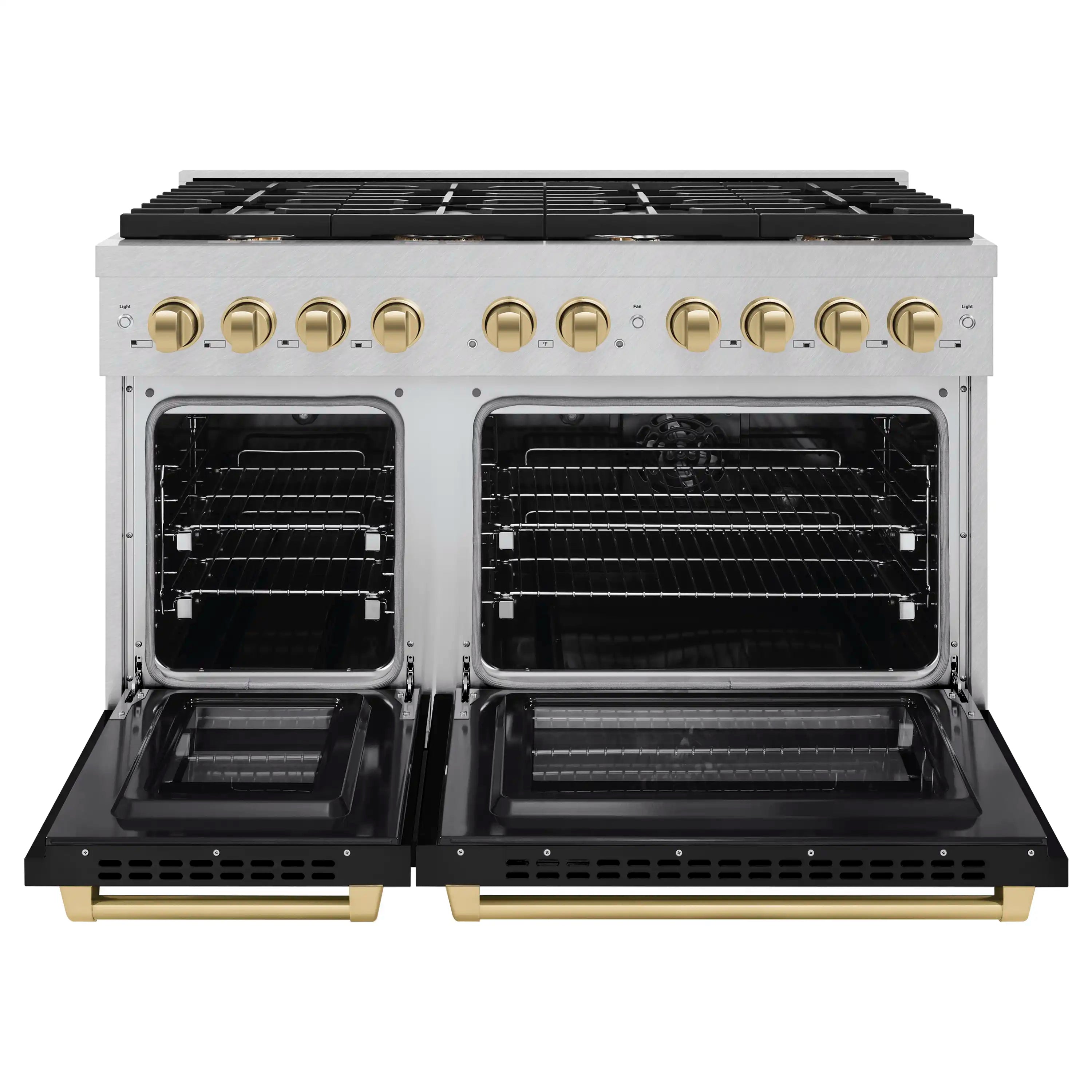 Double oven range with both doors open, showing racks and wire shelves