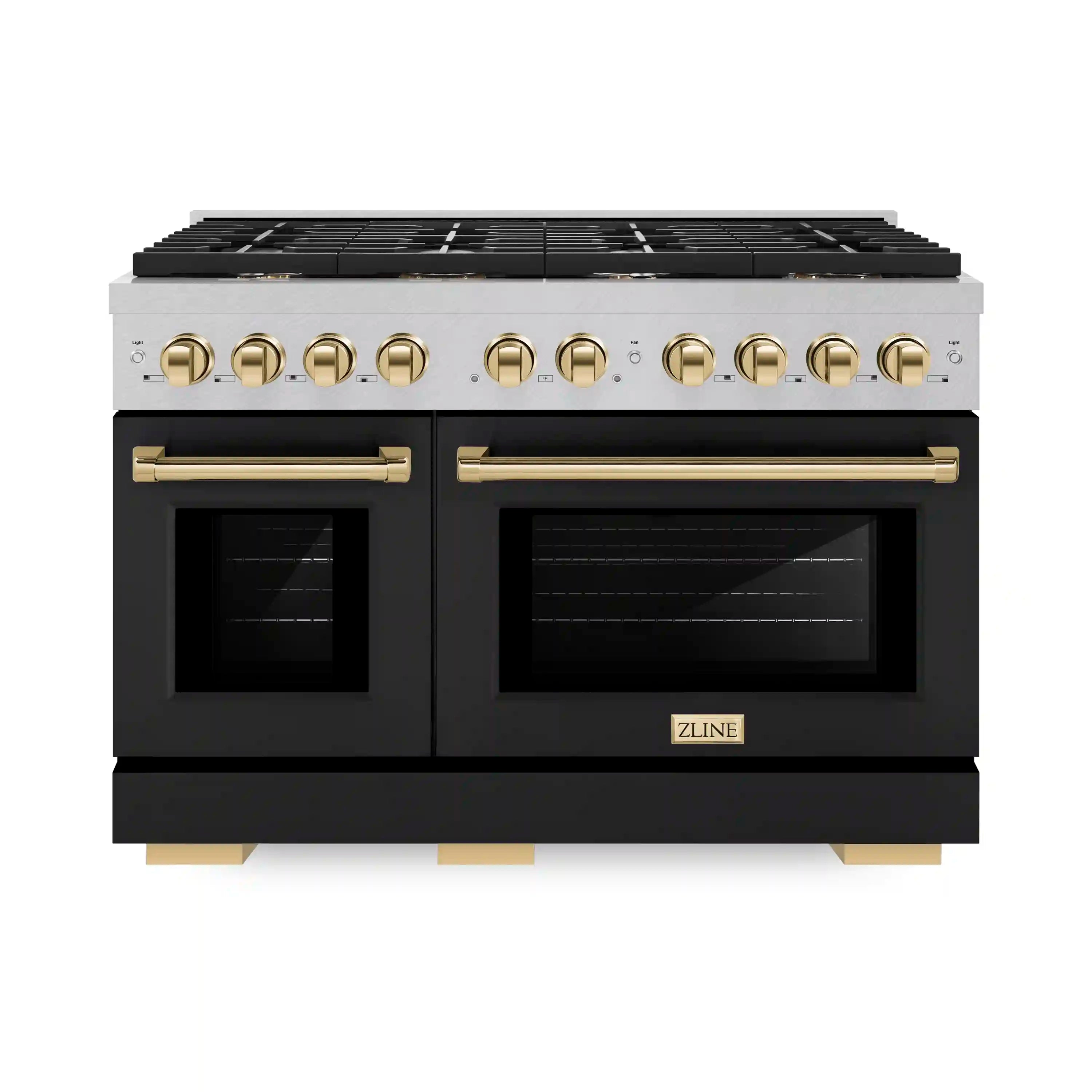 Satin stainless and black dual oven range with gold control knobs and burner grates