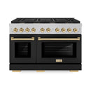 ZLINE Autograph Edition 48-Inch 6.7 cu. ft. Paramount Double Oven Dual Fuel Range with 8 Burner Gas Cooktop in Satin Stainless Steel with Black Matte Door and Polished Gold Accents (SDRSZ-BLM-48-G)