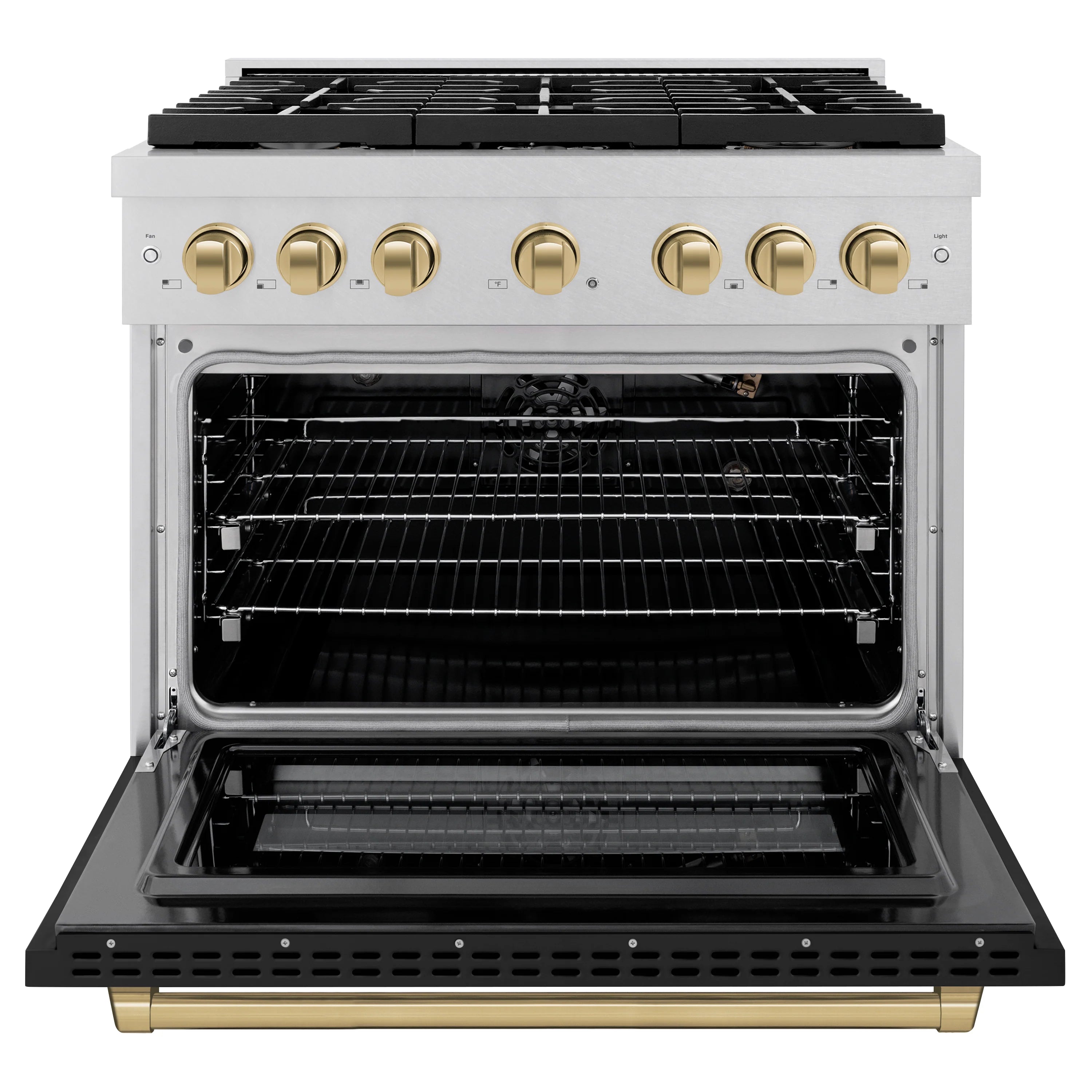 Gas range with open black oven door, racks inside, champagne bronze control knobs