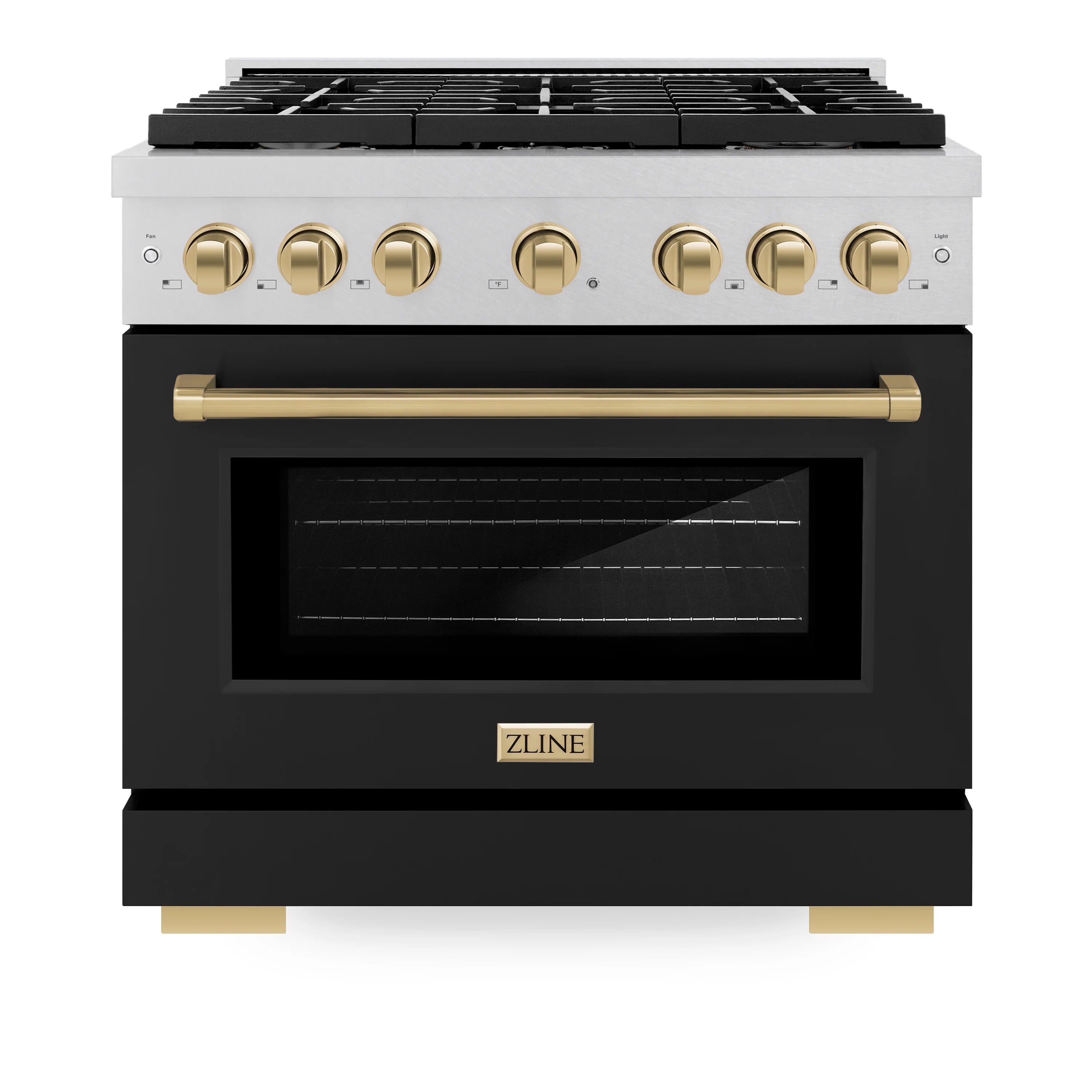 Stainless steel gas range with black window oven door and champagne bronze knobs