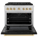 ZLINE Autograph Edition 36-Inch Paramount Gas Range with Convection Oven in Fingerprint Resistant Satin Stainless Steel with Black Matte Door and Polished Gold Accents (SGRSZ-BLM-36-G)
