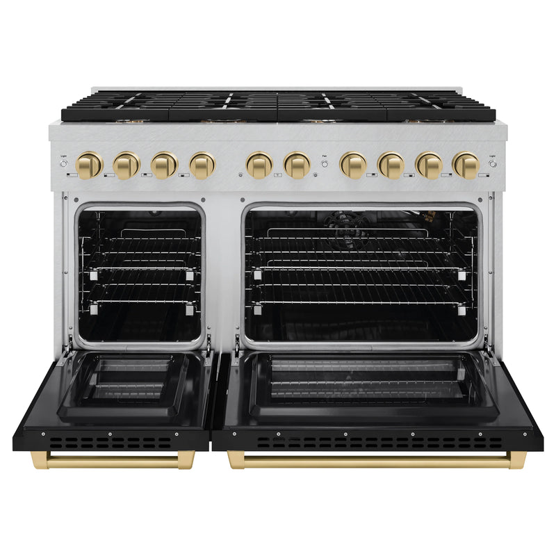 ZLINE Autograph Edition 48-Inch Paramount Gas Range with 8 Burner and Double Oven in Black Matte Doors with Champagne Bronze Accents (SGRSZ-BLM-48-CB)