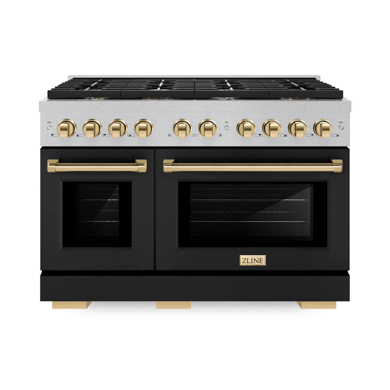 ZLINE Autograph Edition 48-Inch Paramount Gas Range with 8 Burner and Double Oven in Black Matte Doors and Champagne Bronze Accents (SGRSZ-BLM-48-G)