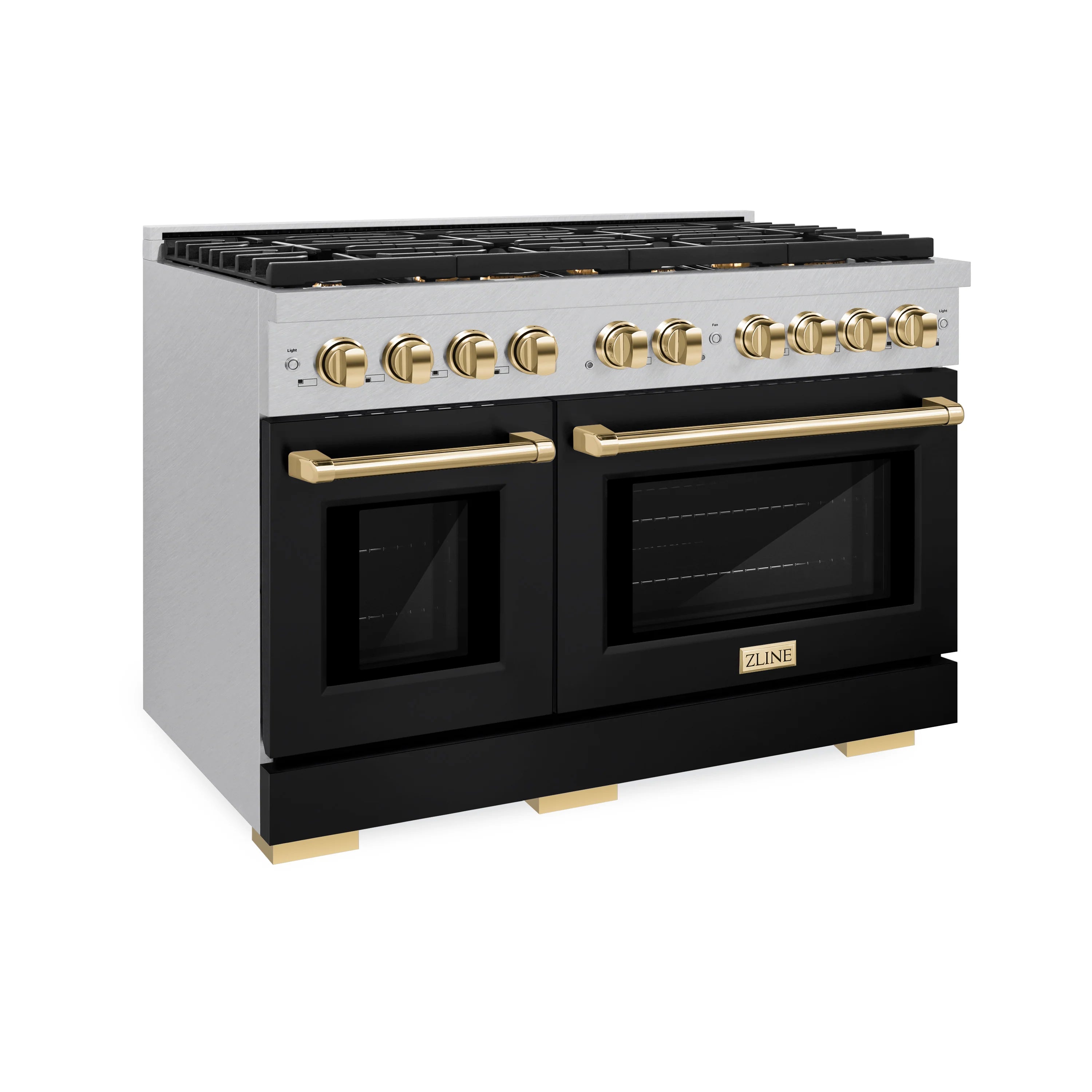 Black matte double oven gas range with 8 burners, bronze knobs and handles.