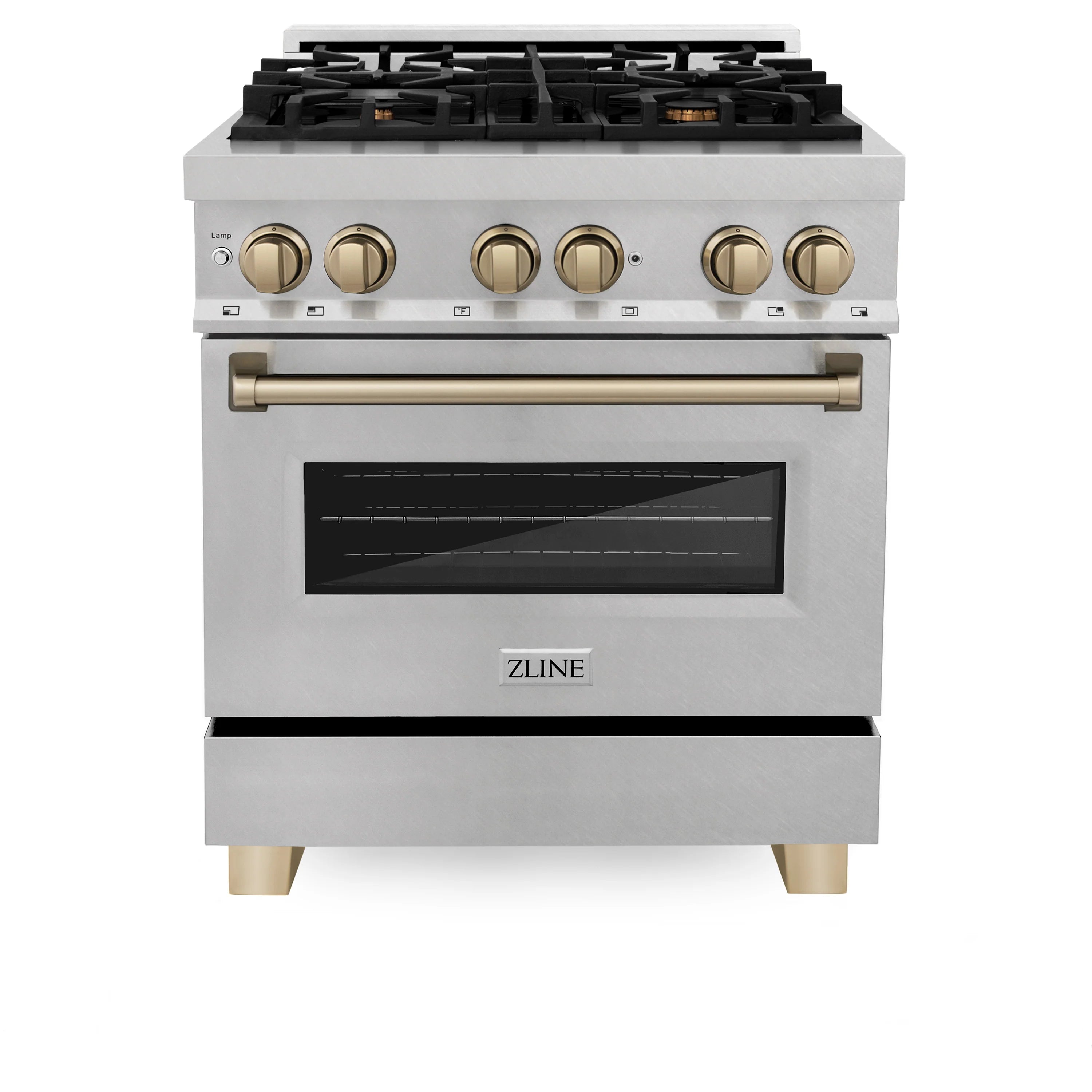 Front view dual fuel range with black grates, champagne bronze knobs, and oven window