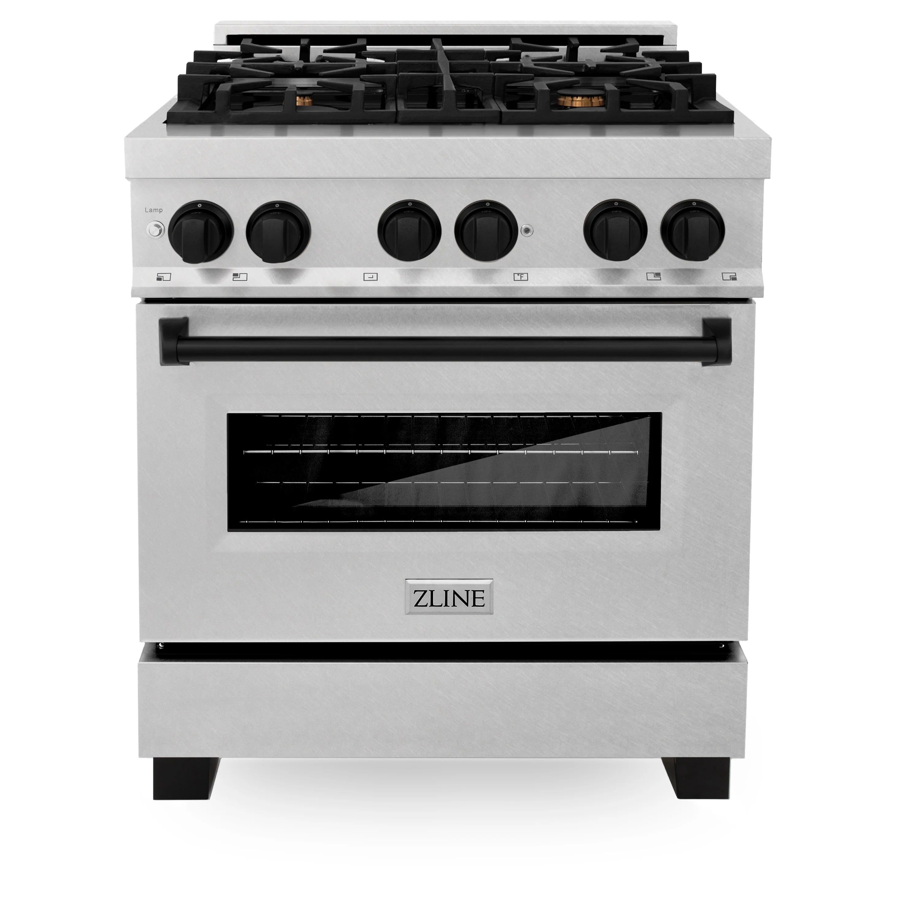 ZLINE dual fuel range with stainless cooktop, black burner knobs, and oven window