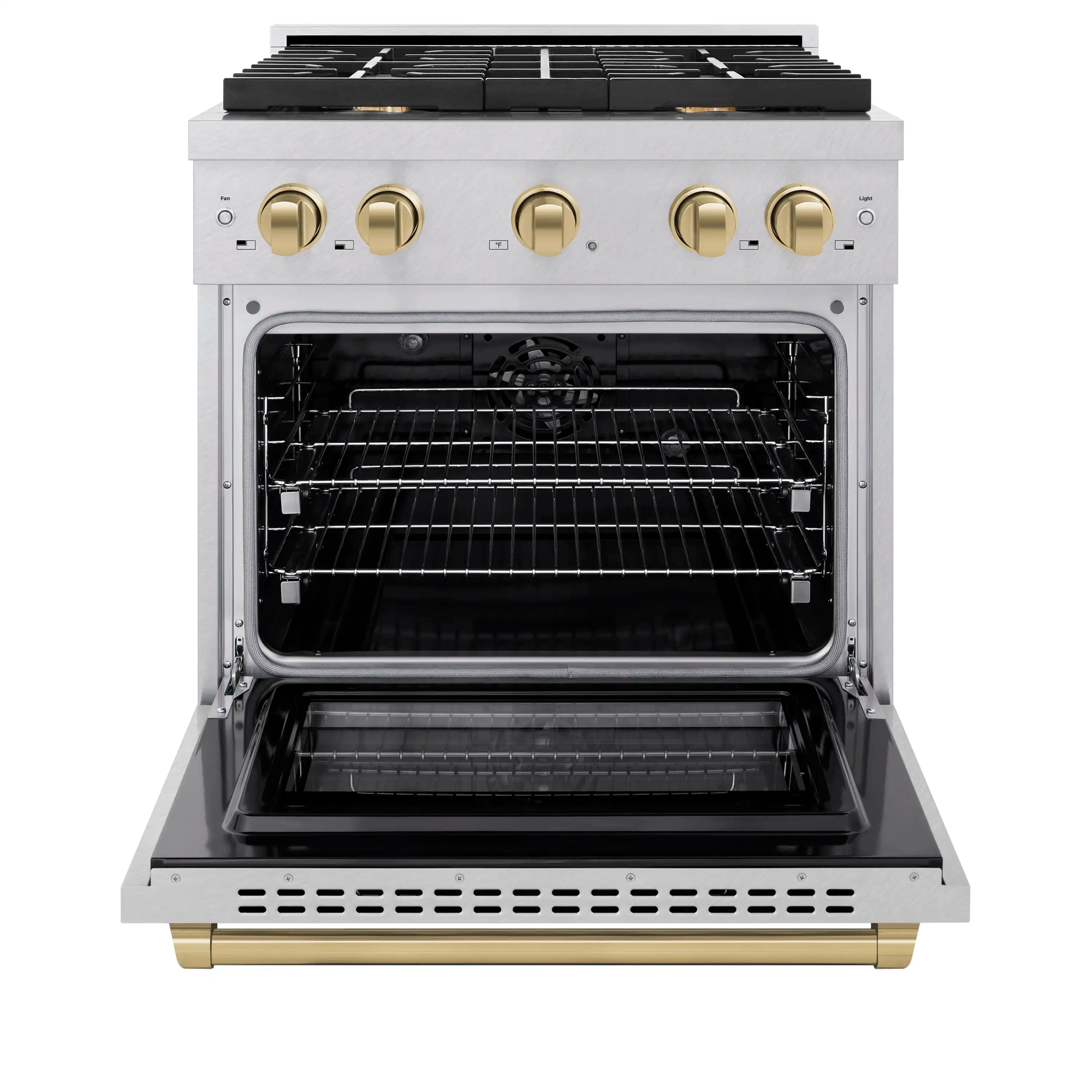 Open oven door with electric convection baking chamber and wire rack