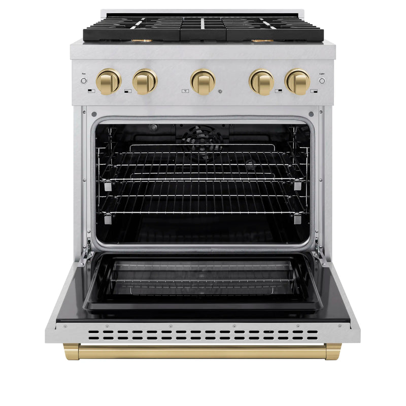 ZLINE Autograph Edition 30-Inch 4.2 cu. ft. Paramount Dual Fuel Range with 4 Burner Gas Cooktop and Electric Convection Oven in DuraSnow Stainless Steel with Champagne Bronze Accents (SDRSZ-30-CB)