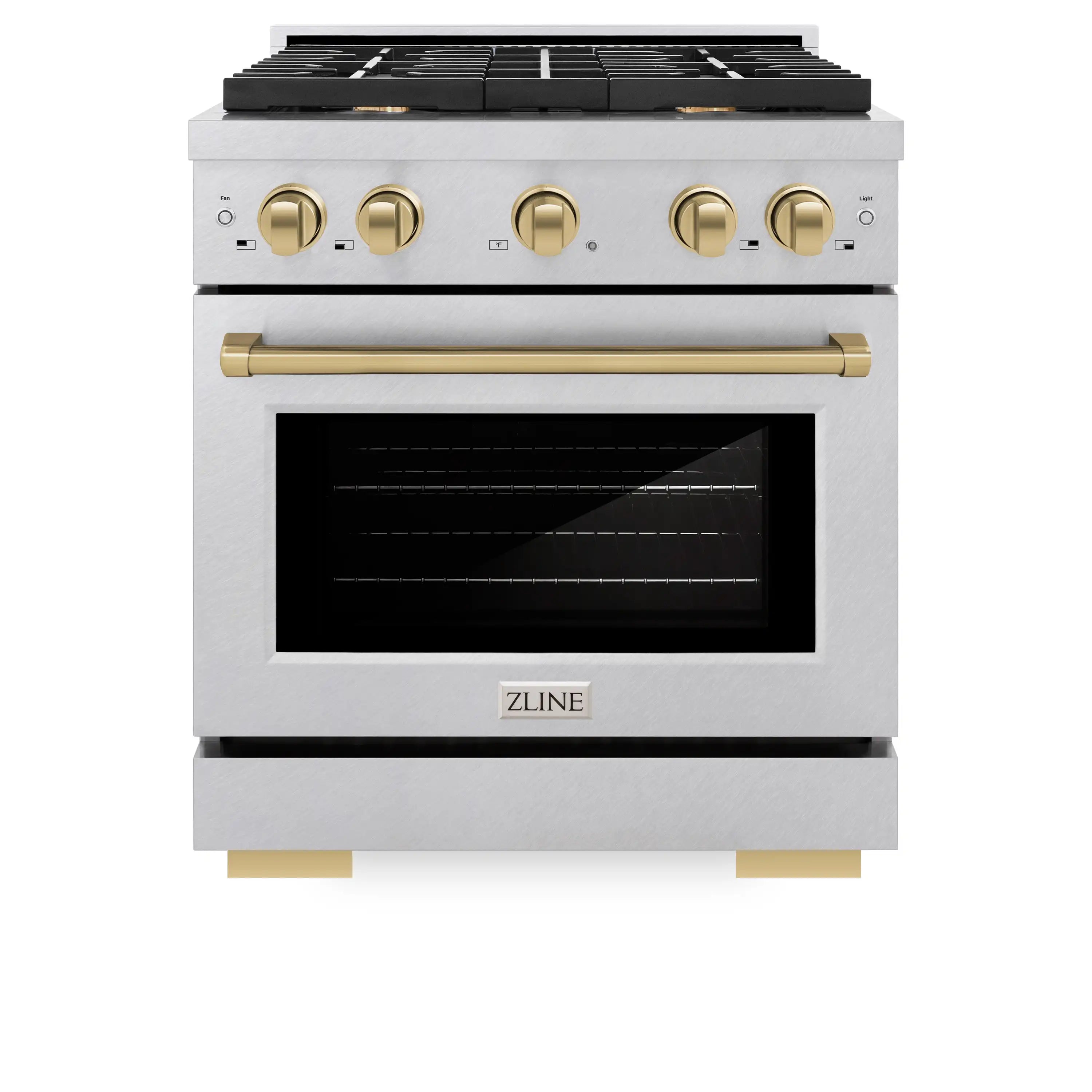 Satin stainless steel dual fuel range with four-burner gas cooktop and oven