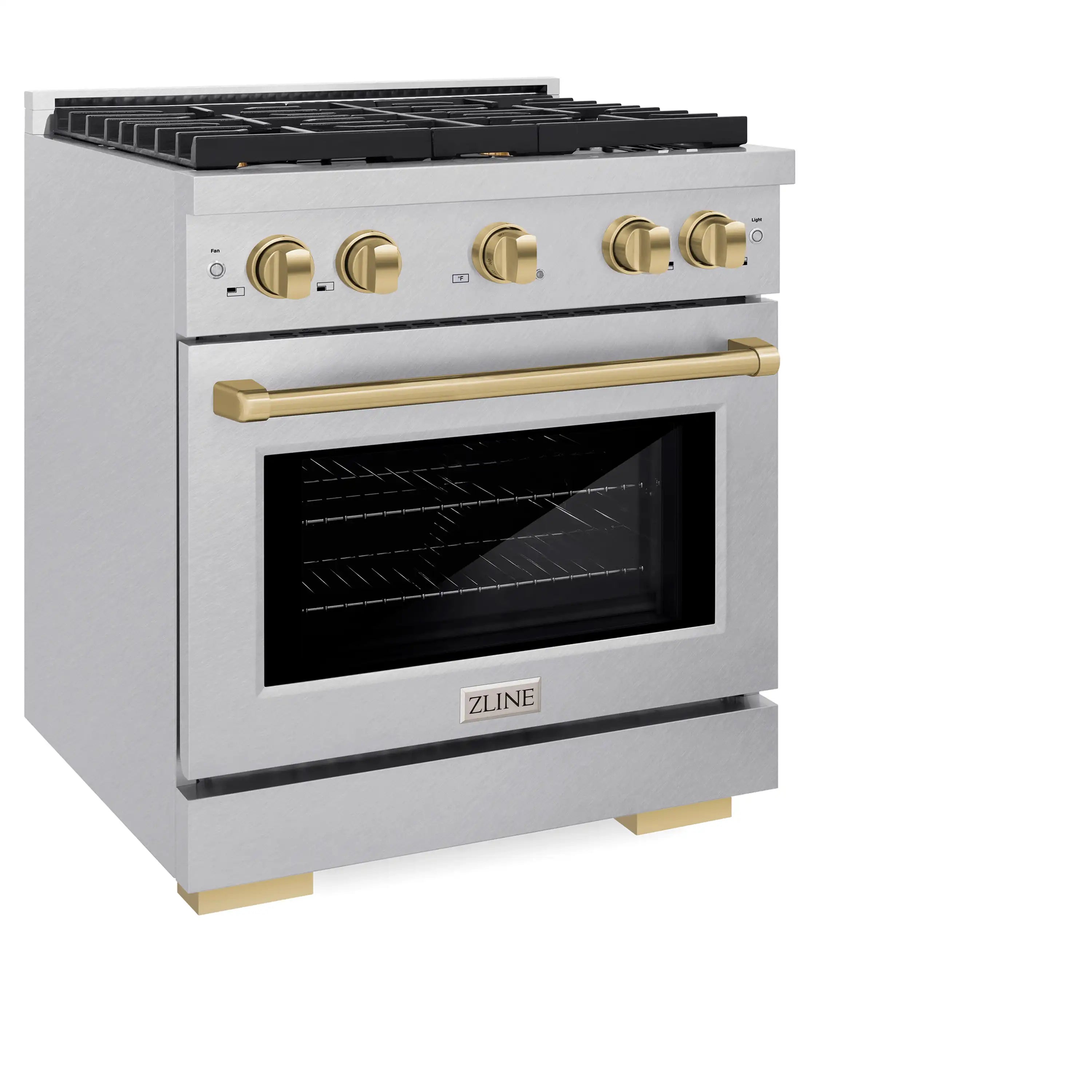 Satin stainless steel dual fuel range with four burners and convection oven