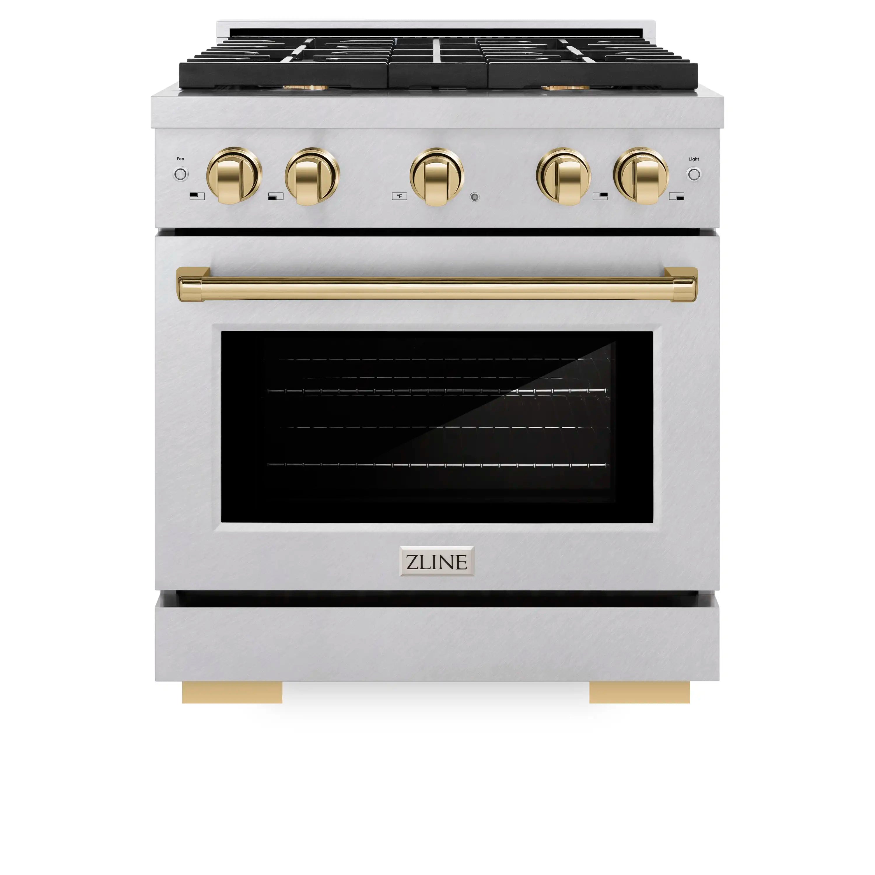 Satin stainless steel range with gold oven door handle and four control knobs