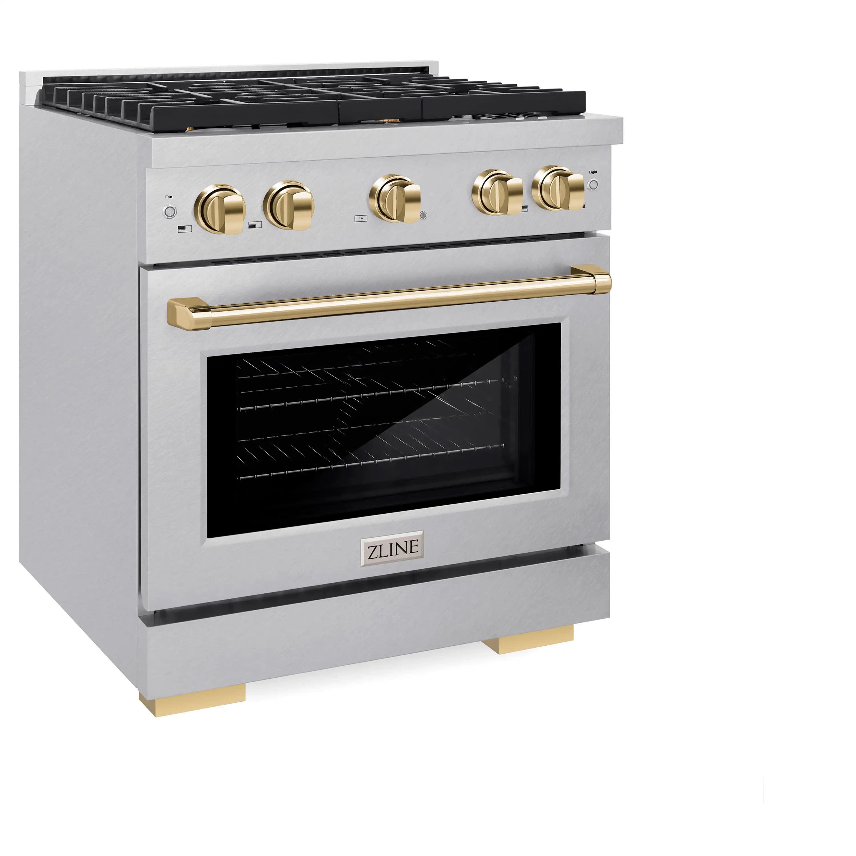 Satin stainless steel oven door with gold handle and black burner grates on top