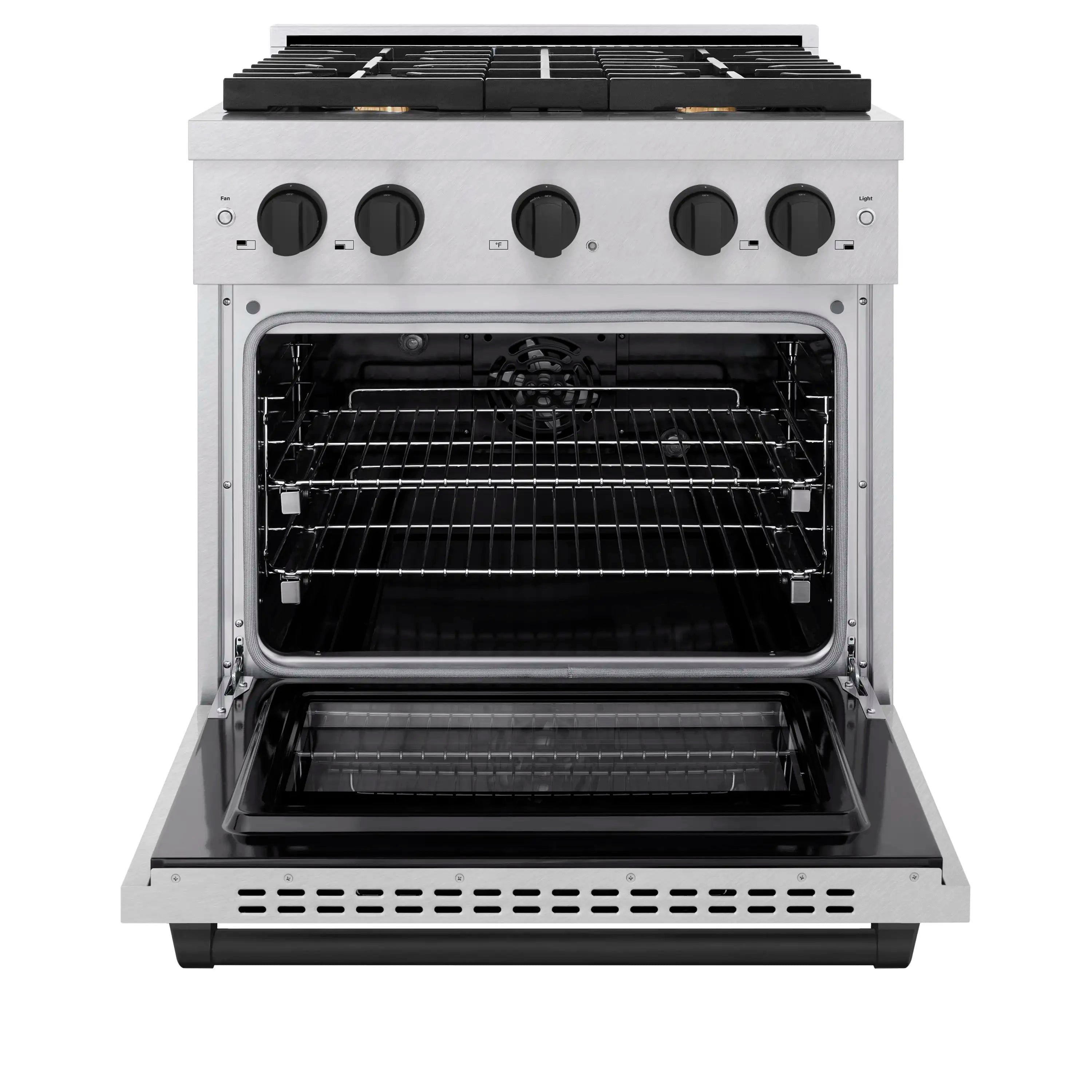 Dual fuel range with oven door open, black cavity, and four black control knobs