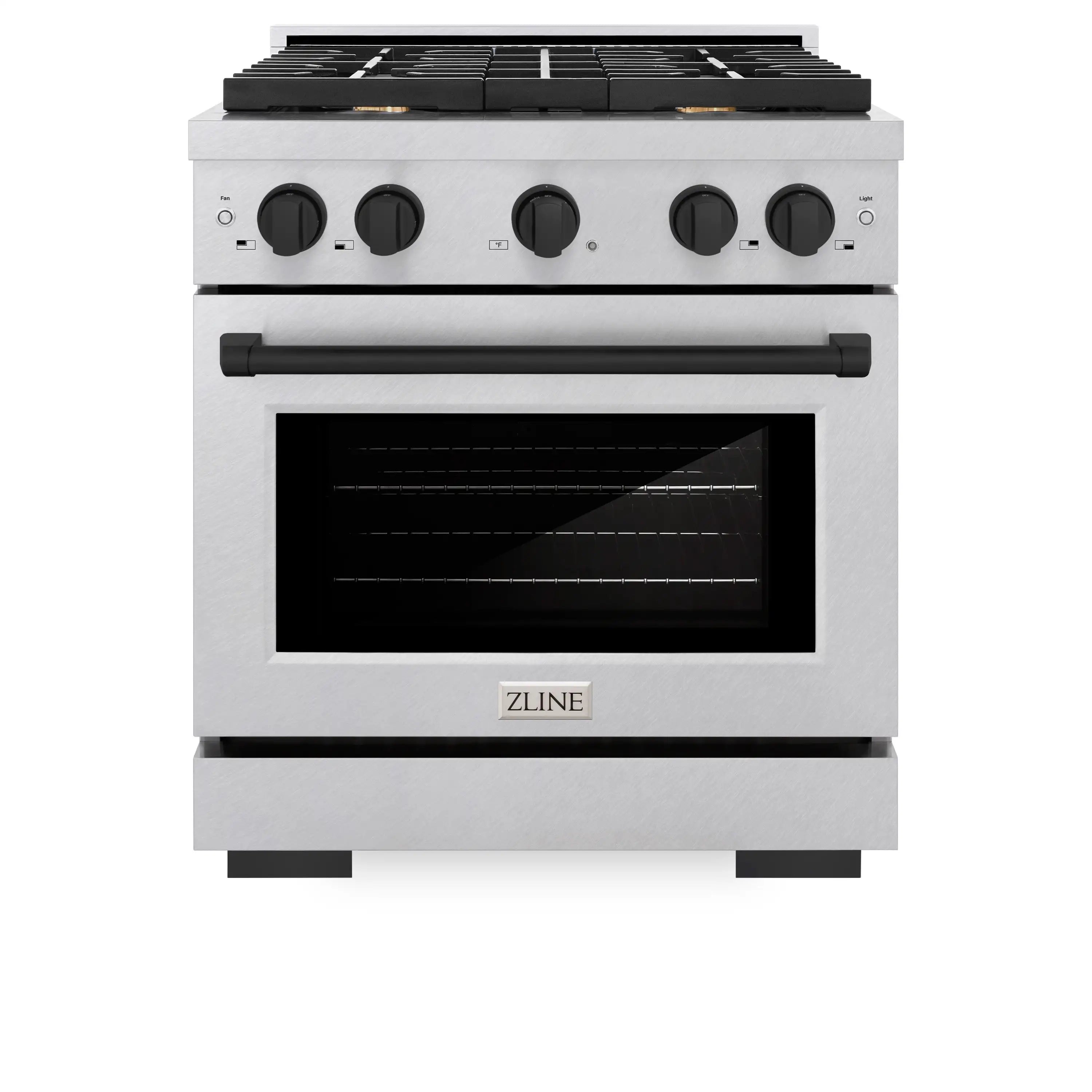 Dual fuel range front view with closed oven door, black window, and control knobs