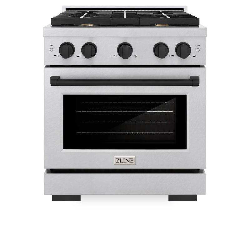 ZLINE Autograph Edition 30-Inch 4.2 cu. ft. Paramount Dual Fuel Range with 4 Burner Gas Cooktop and Electric Convection Oven in DuraSnow Stainless Steel with Matte Black Accents (SDRSZ-30-MB)