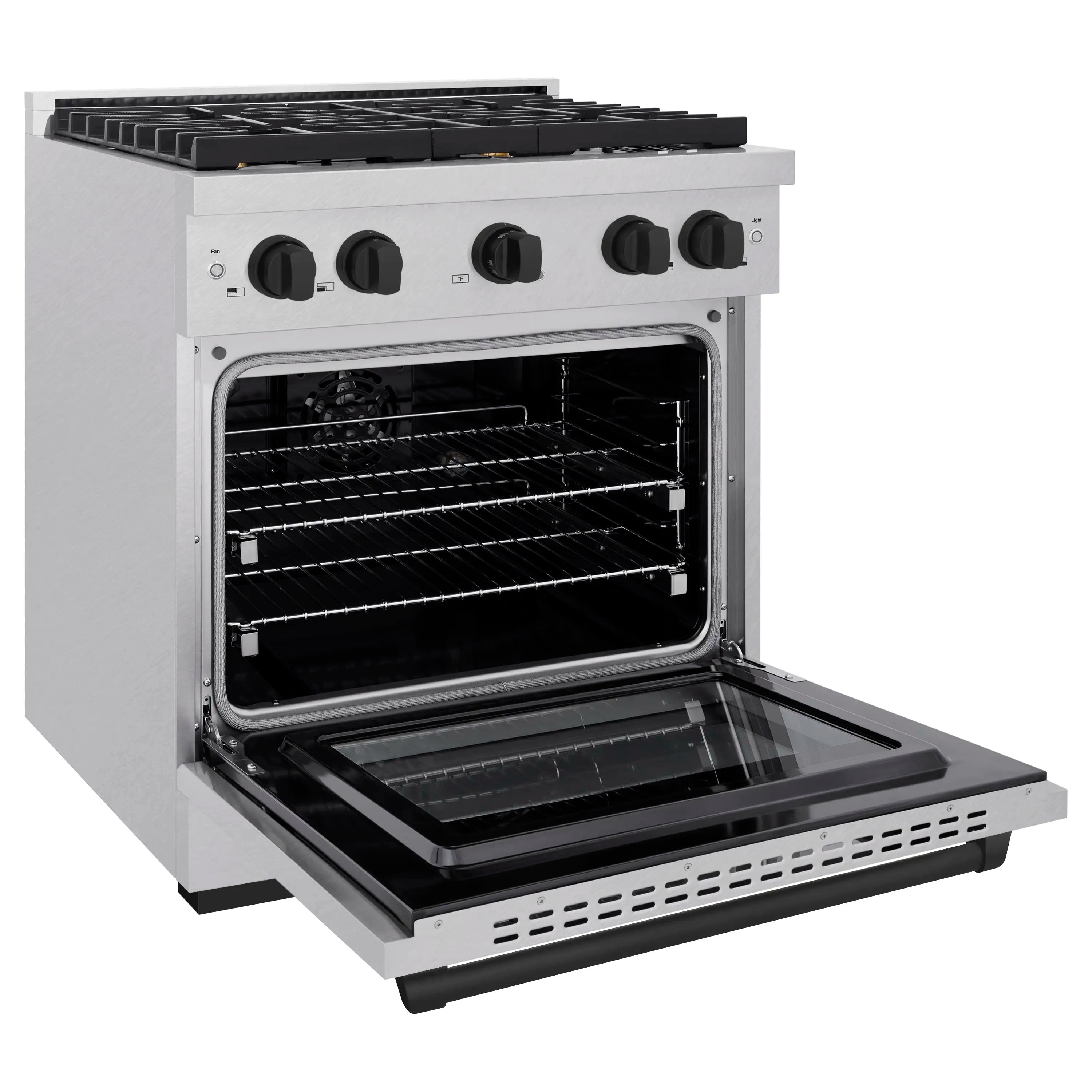 Dual fuel range oven with open door, black interior, and rack shelves
