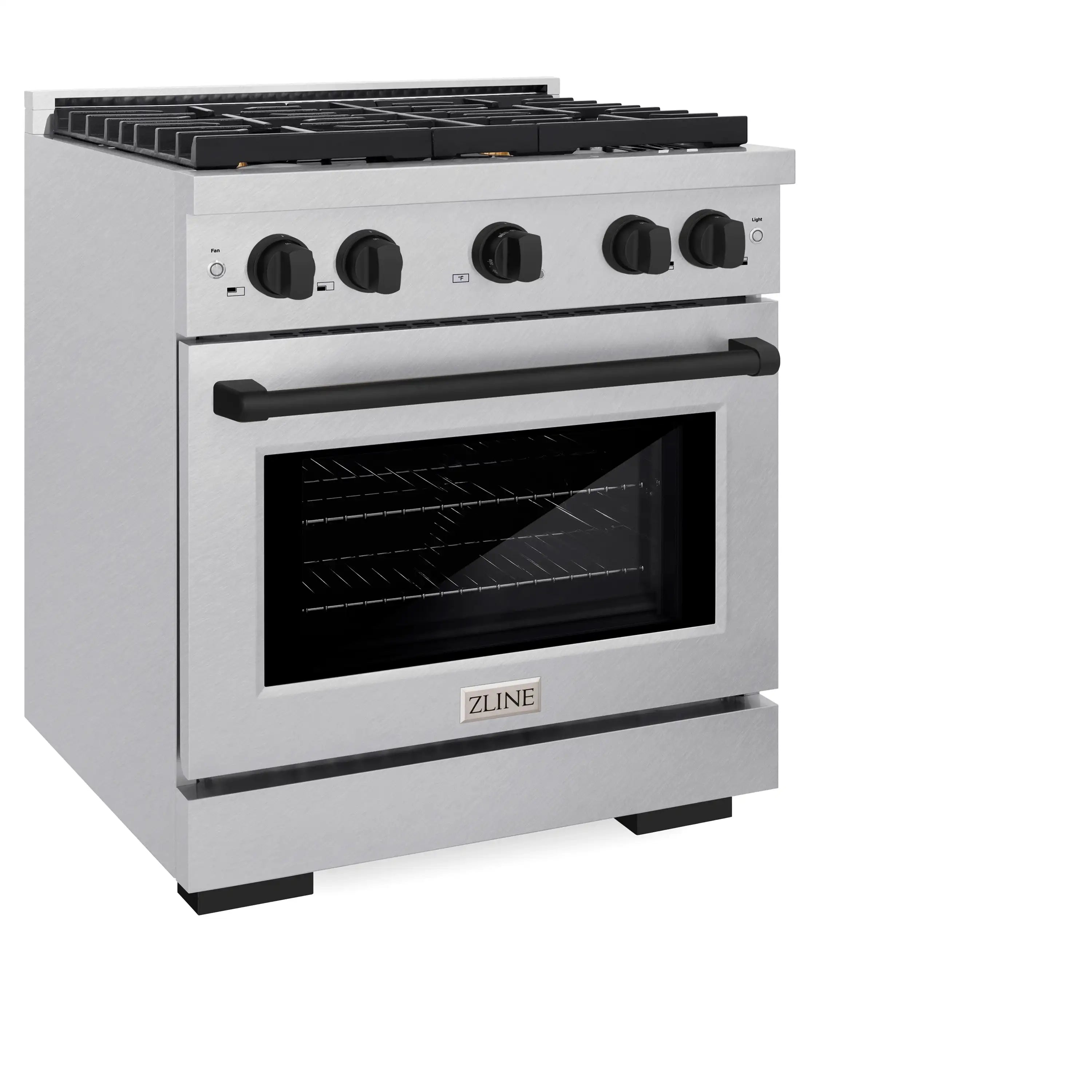 Dual fuel range oven with closed glass door and black handle