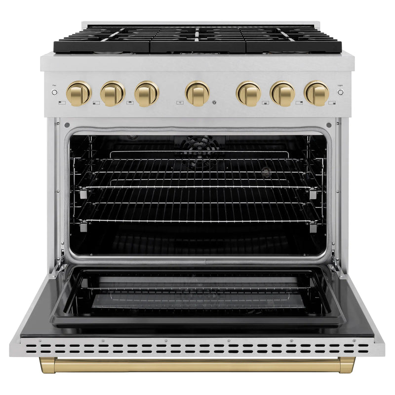 ZLINE Autograph Edition 36-Inch 5.2 cu. ft. Paramount Dual Fuel Range with 6 Burner Gas Cooktop and Electric Convection Oven in DuraSnow Stainless Steel with Champagne Bronze Accents (SDRSZ-36-CB)