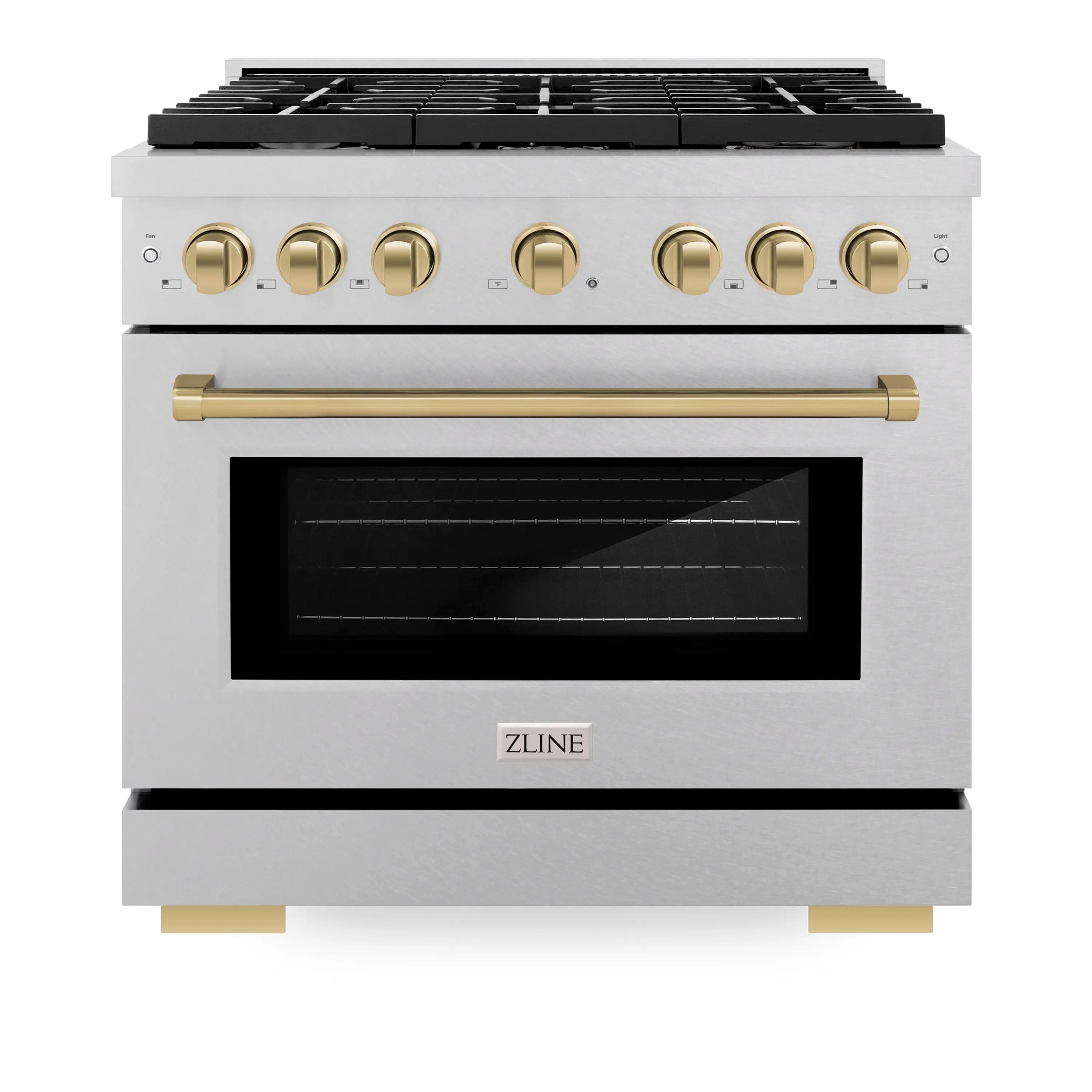 Satin stainless steel dual fuel range with gold control knobs and oven door