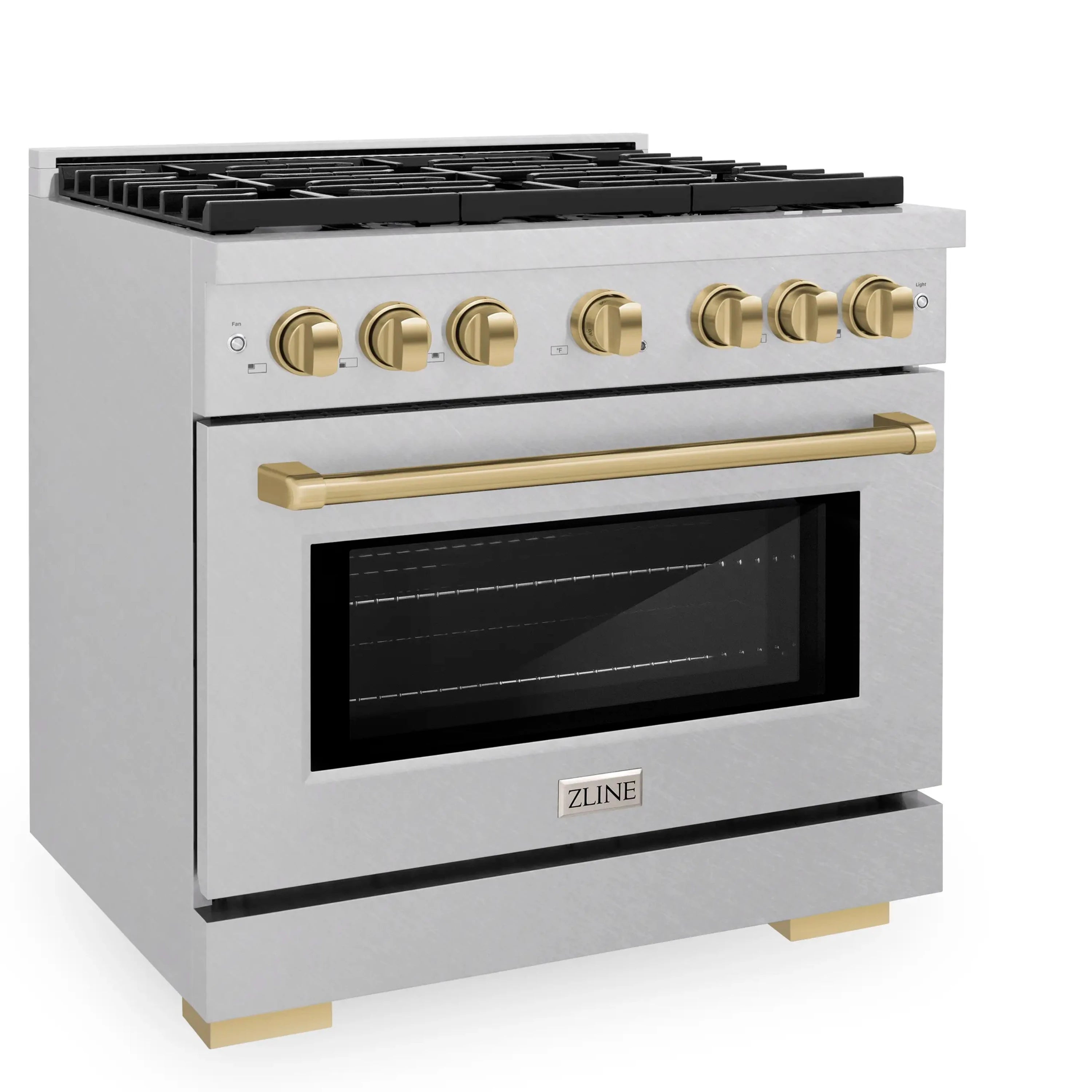 Satin stainless steel range with gold handle, burner knobs, and black oven window
