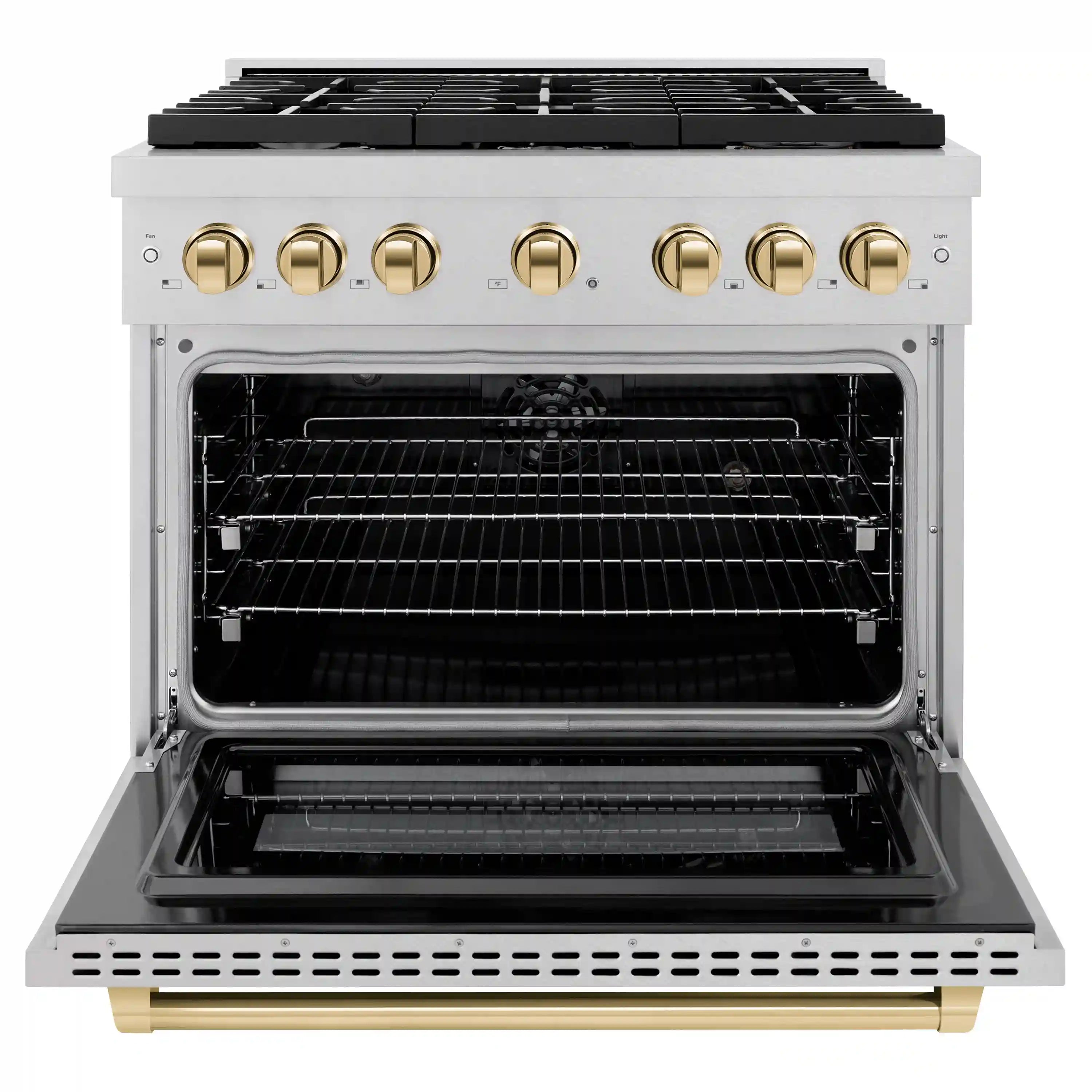Dual fuel range with open oven door showing racks inside, satin stainless