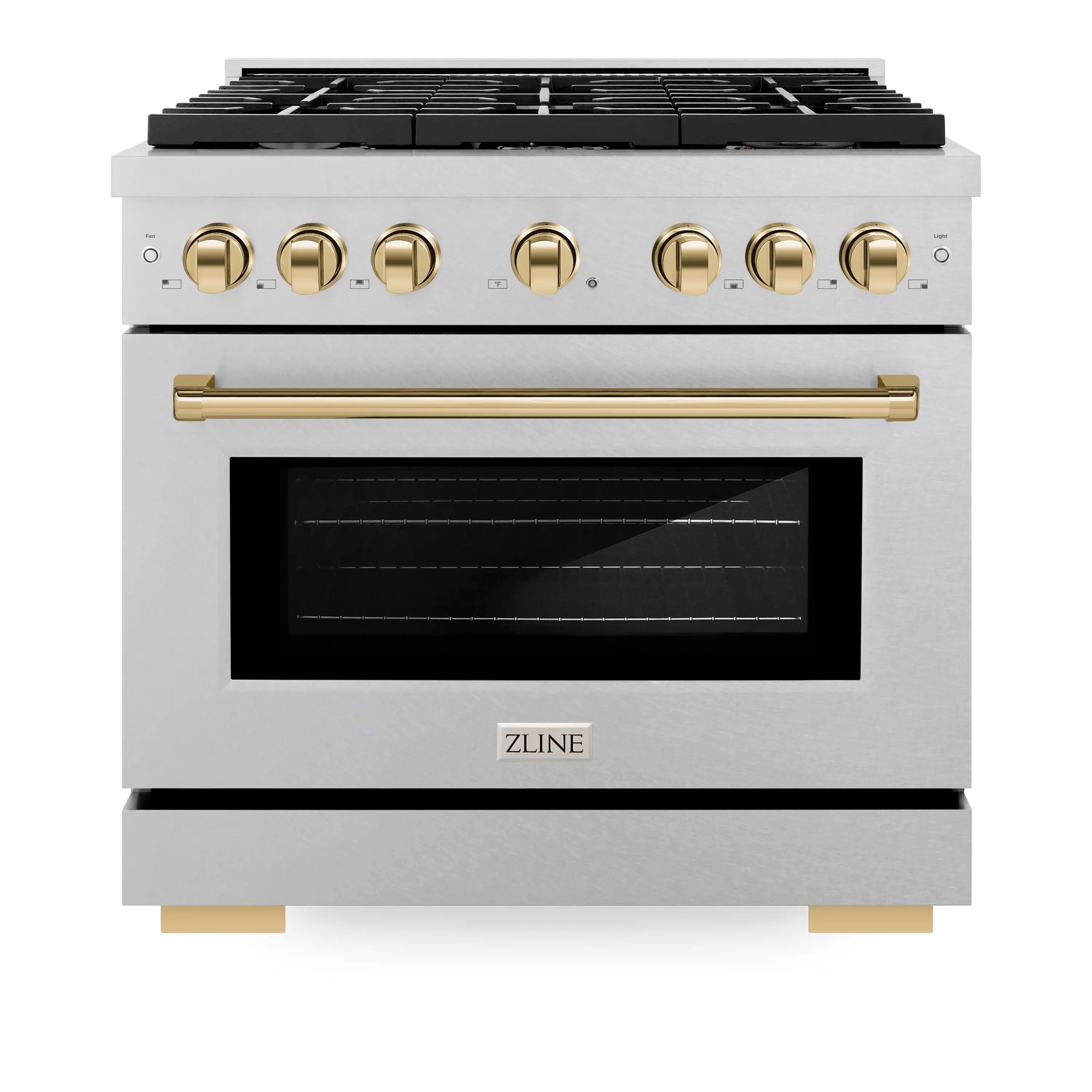 Dual fuel range front with 6 gold knobs, black oven window, satin stainless