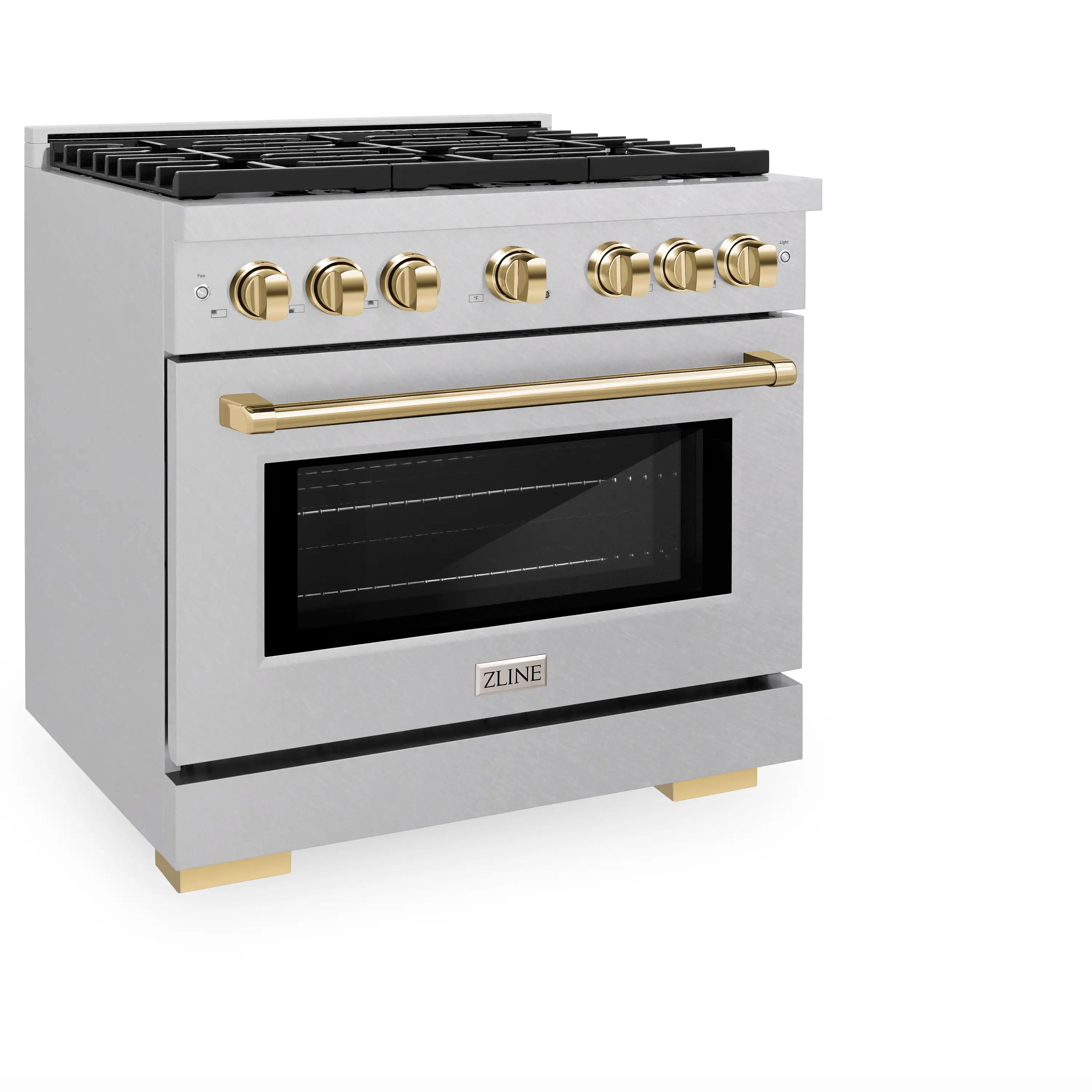 Satin stainless dual fuel range with gold knobs, black oven window, and grates