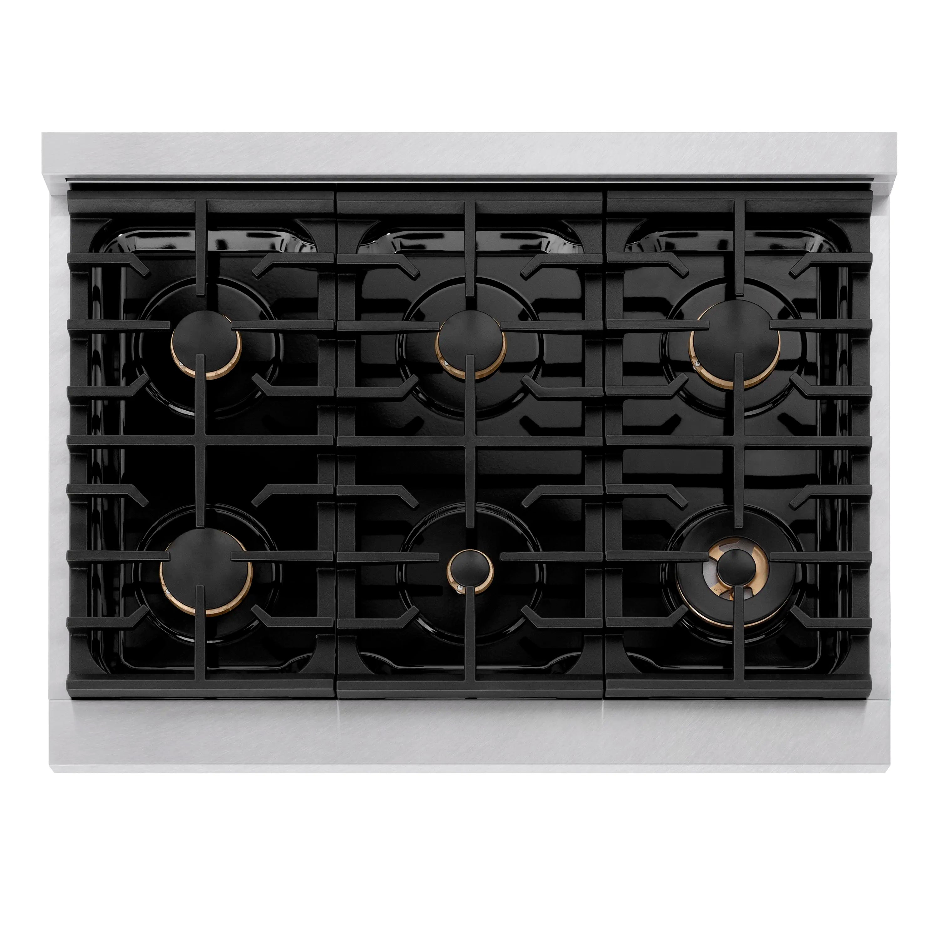 Six-burner gas cooktop with black grates and brass burner caps