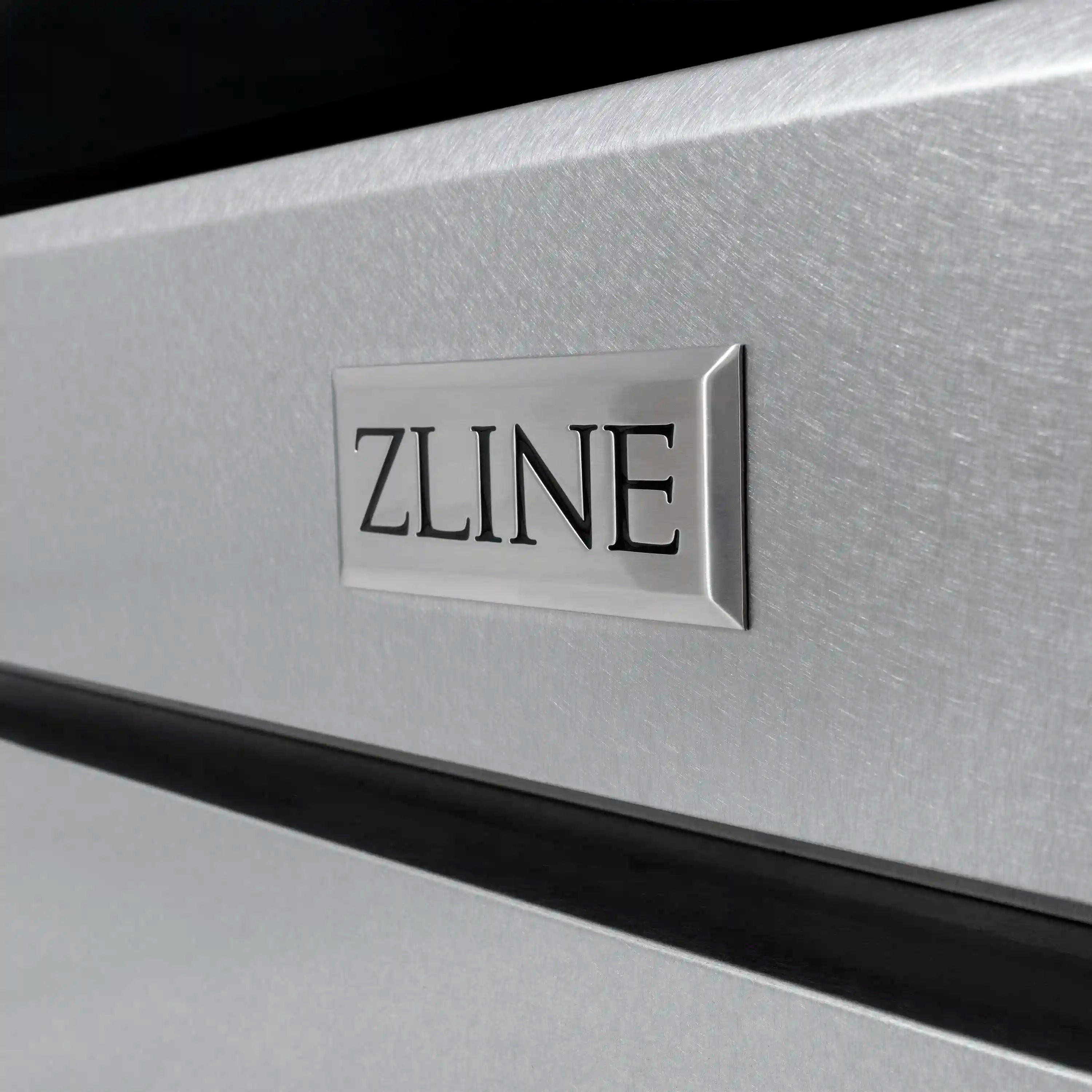ZLINE logo badge on satin stainless steel range control panel with matte black trim