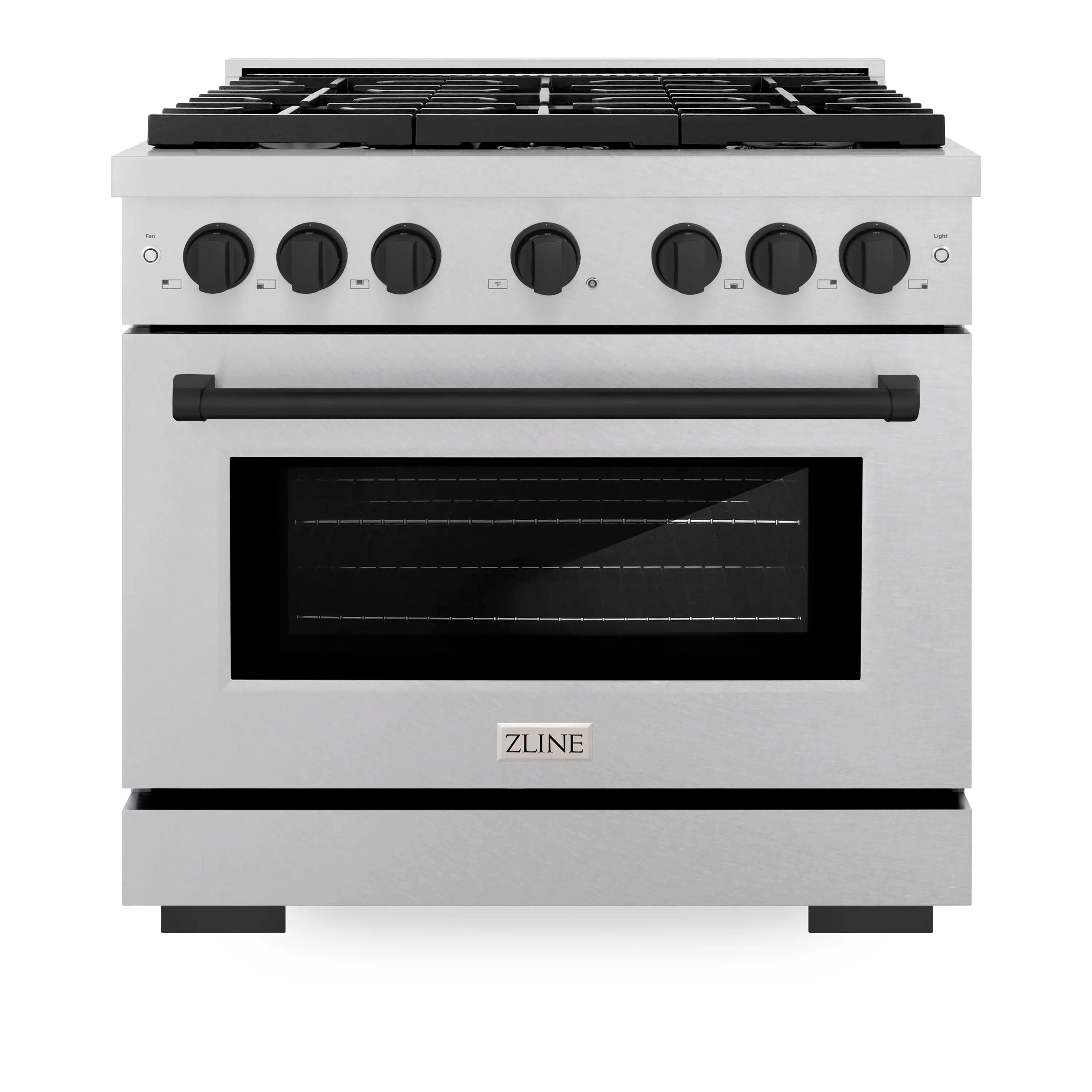Satin stainless steel dual fuel range with matte black control knobs and oven window