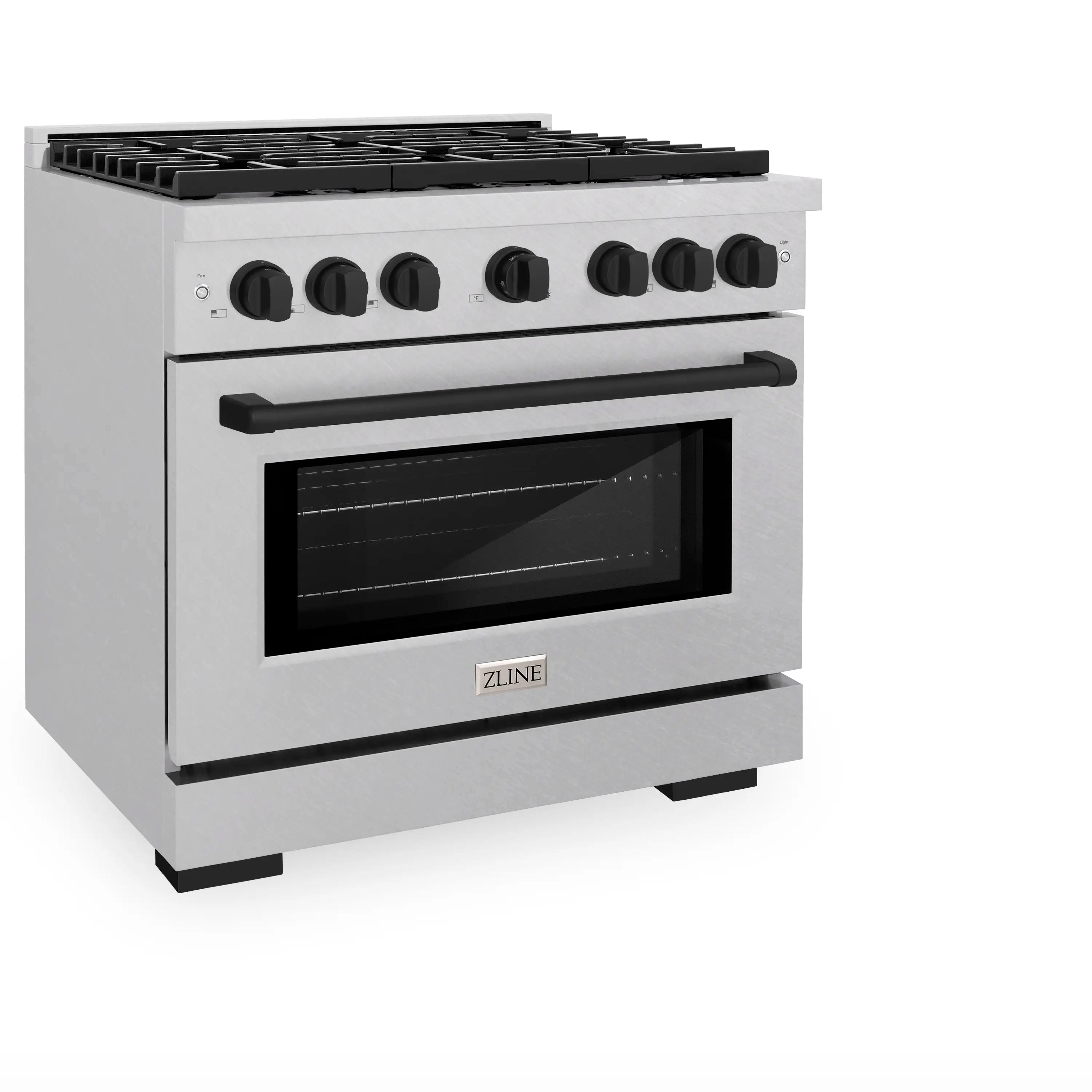 Satin stainless steel dual fuel range with matte black controls and oven door window