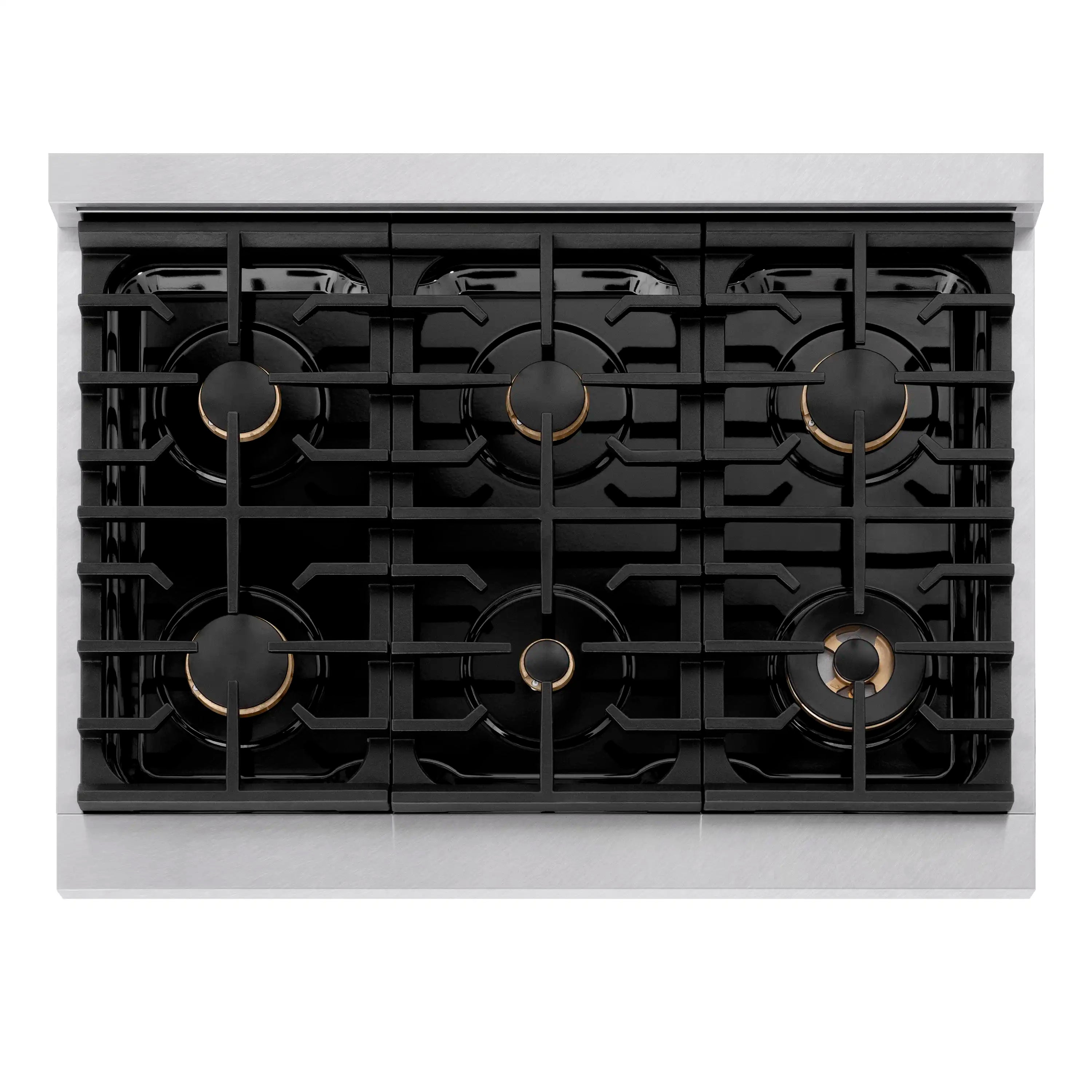 Six-burner gas cooktop with matte black grates and gold burner caps on dual fuel range