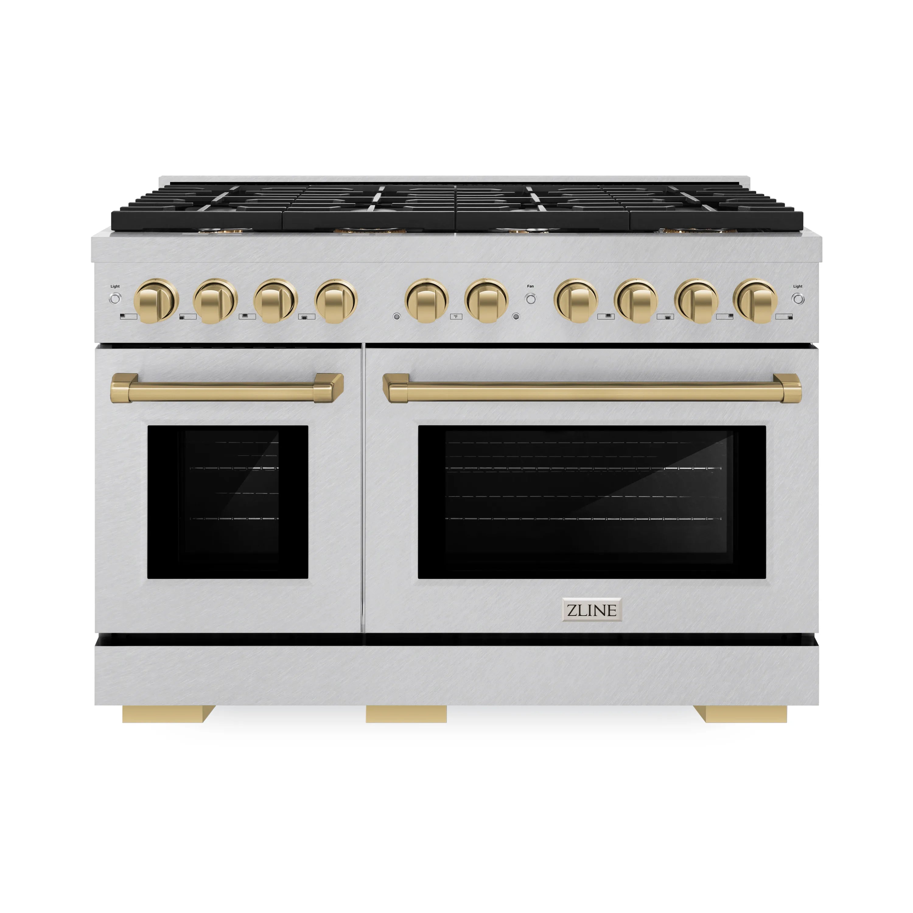 Dual oven gas range in satin stainless steel with bronze trim and gold-toned knobs