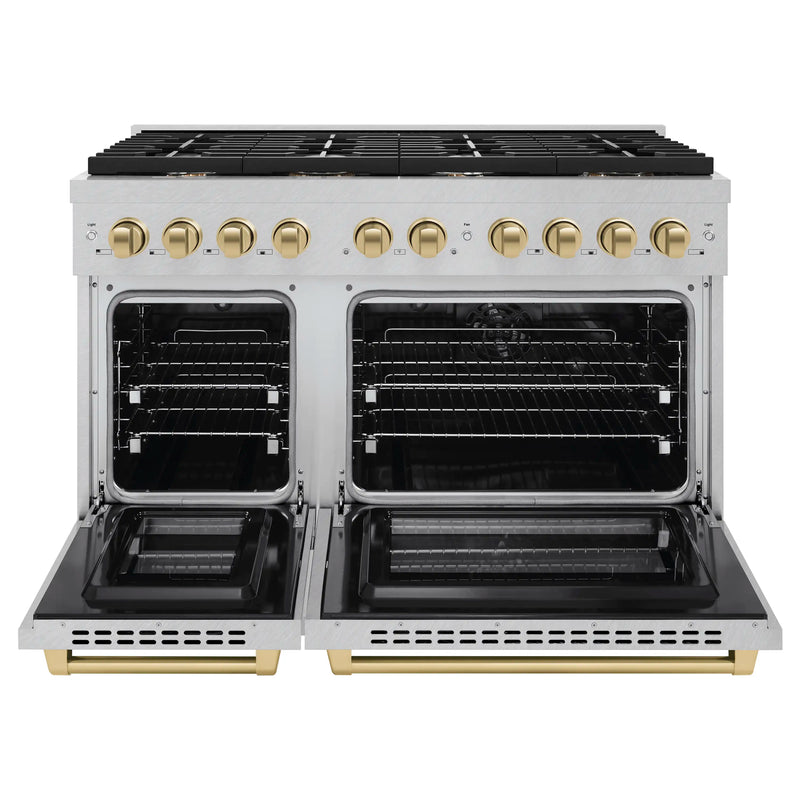 ZLINE Autograph Edition 48-Inch 6.7 cu. ft. Paramount Double Oven Dual Fuel Range with 8 Burner Gas Cooktop in DuraSnow Stainless Steel and Champagne Bronze Accents (SDRSZ-48-CB)