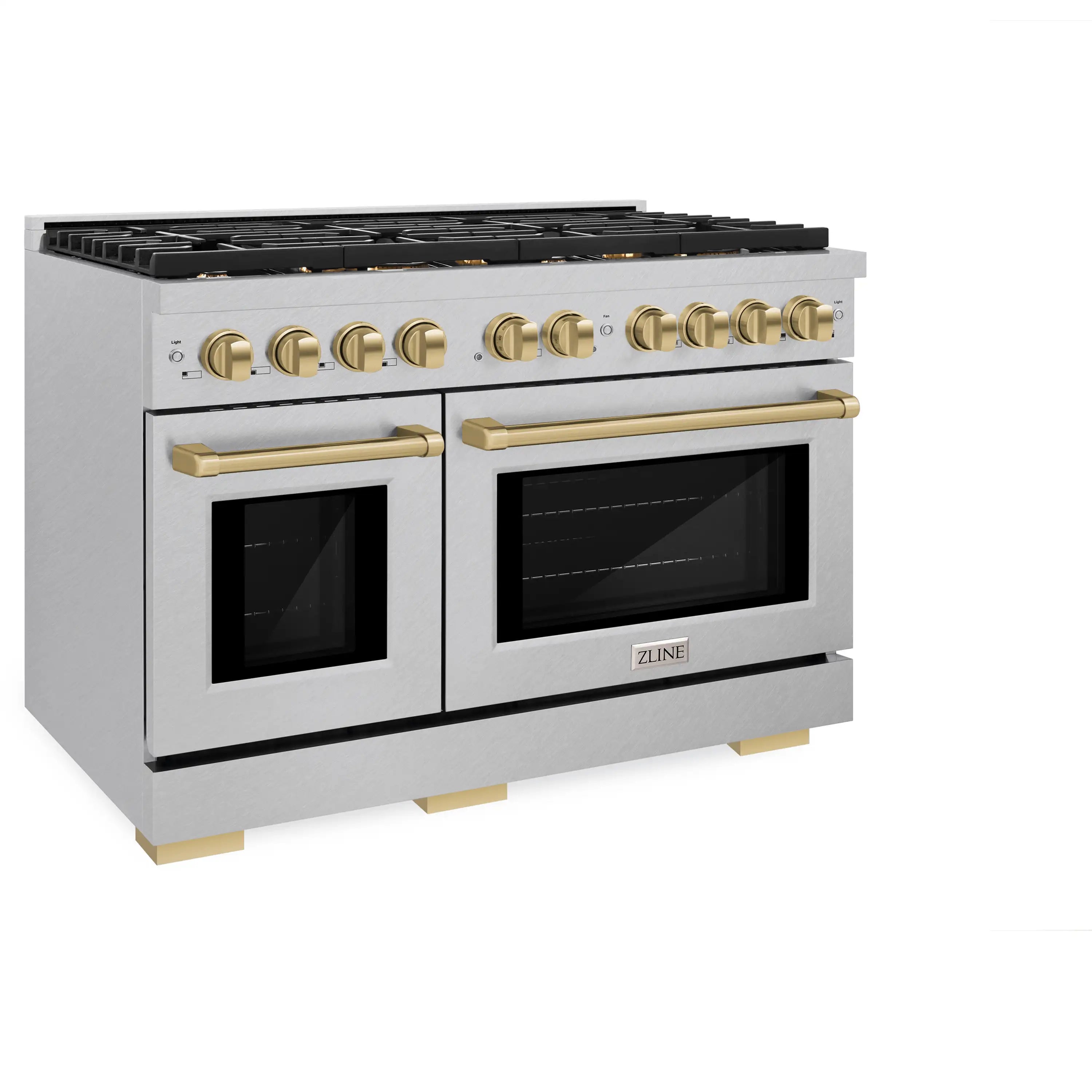 Dual oven gas range in satin stainless with champagne bronze knobs and handle bars
