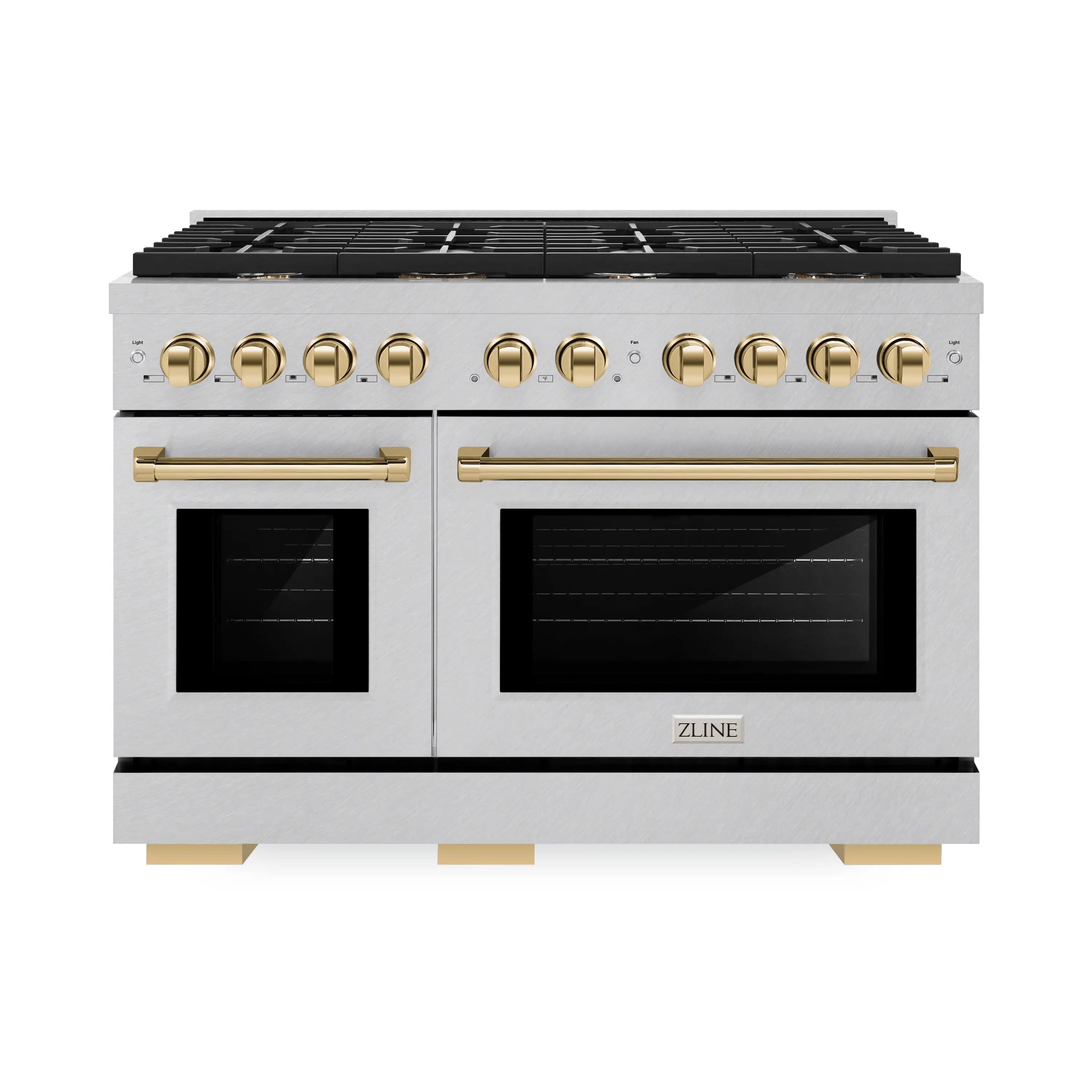 Stainless steel double oven range with 8 gas burners and gold control knobs