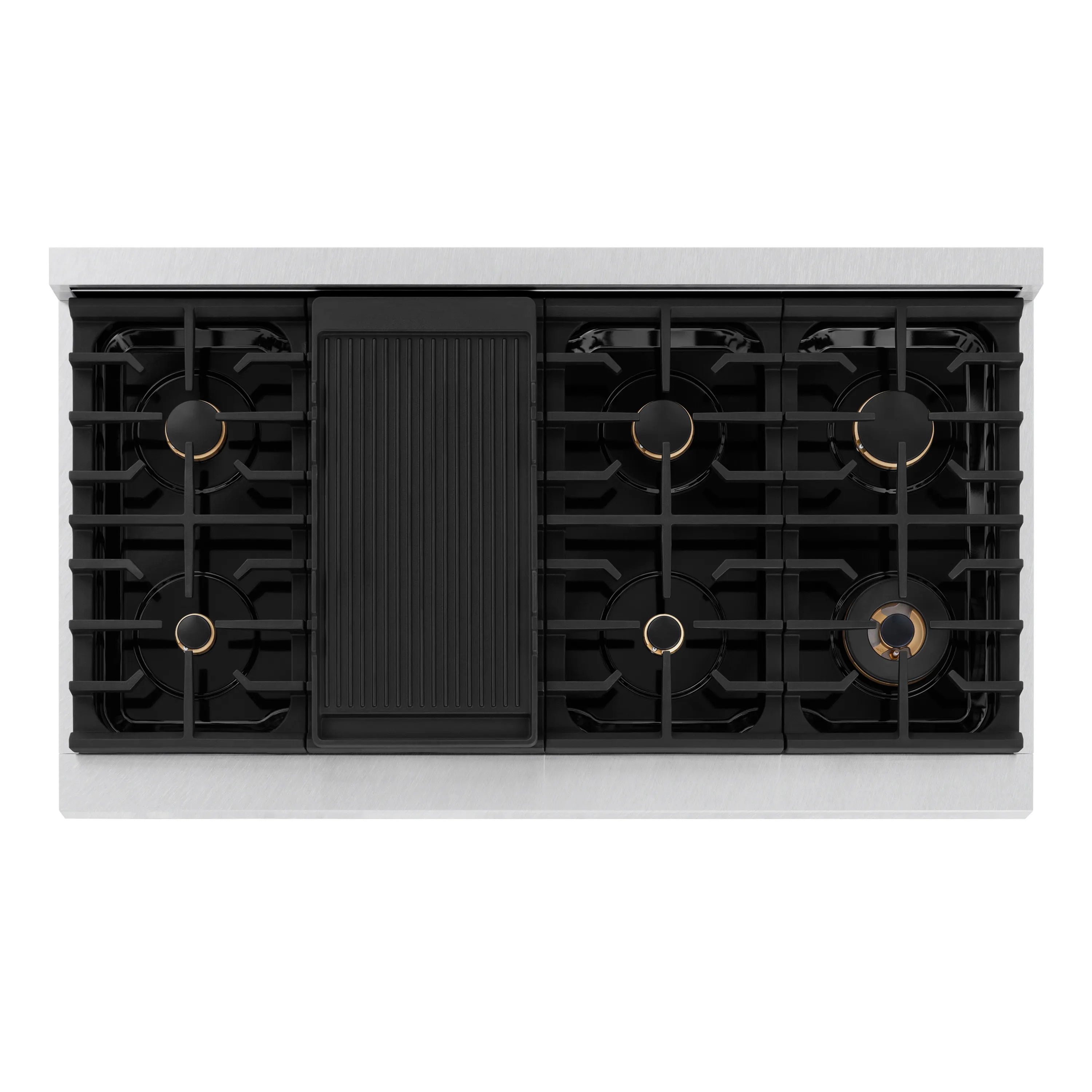 8-burner cooktop with black grates and gold burner caps