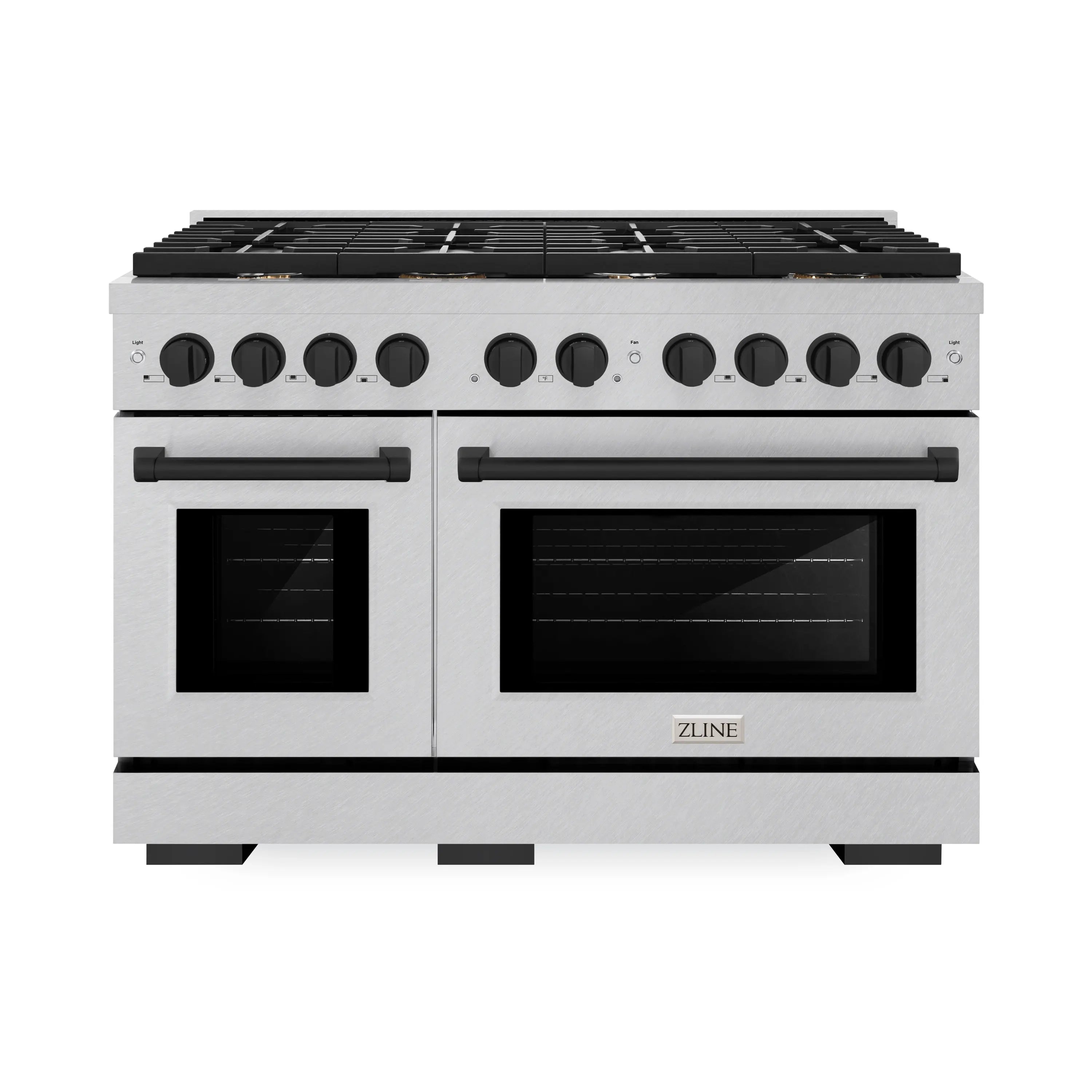 Satin stainless steel dual-fuel range with two ovens, black cooktop, and control knob row.