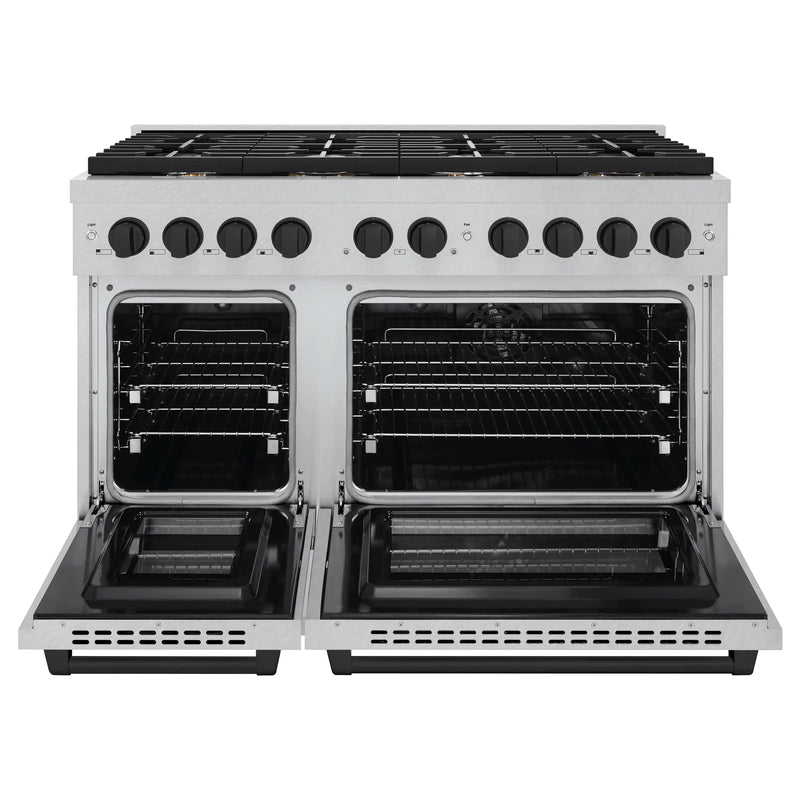 ZLINE Autograph Edition 48-Inch 6.7 cu. ft. Paramount Double Oven Dual Fuel Range with 8 Burner Gas Cooktop in DuraSnow Stainless Steel and Matte Black Accents (SDRSZ-48-MB)