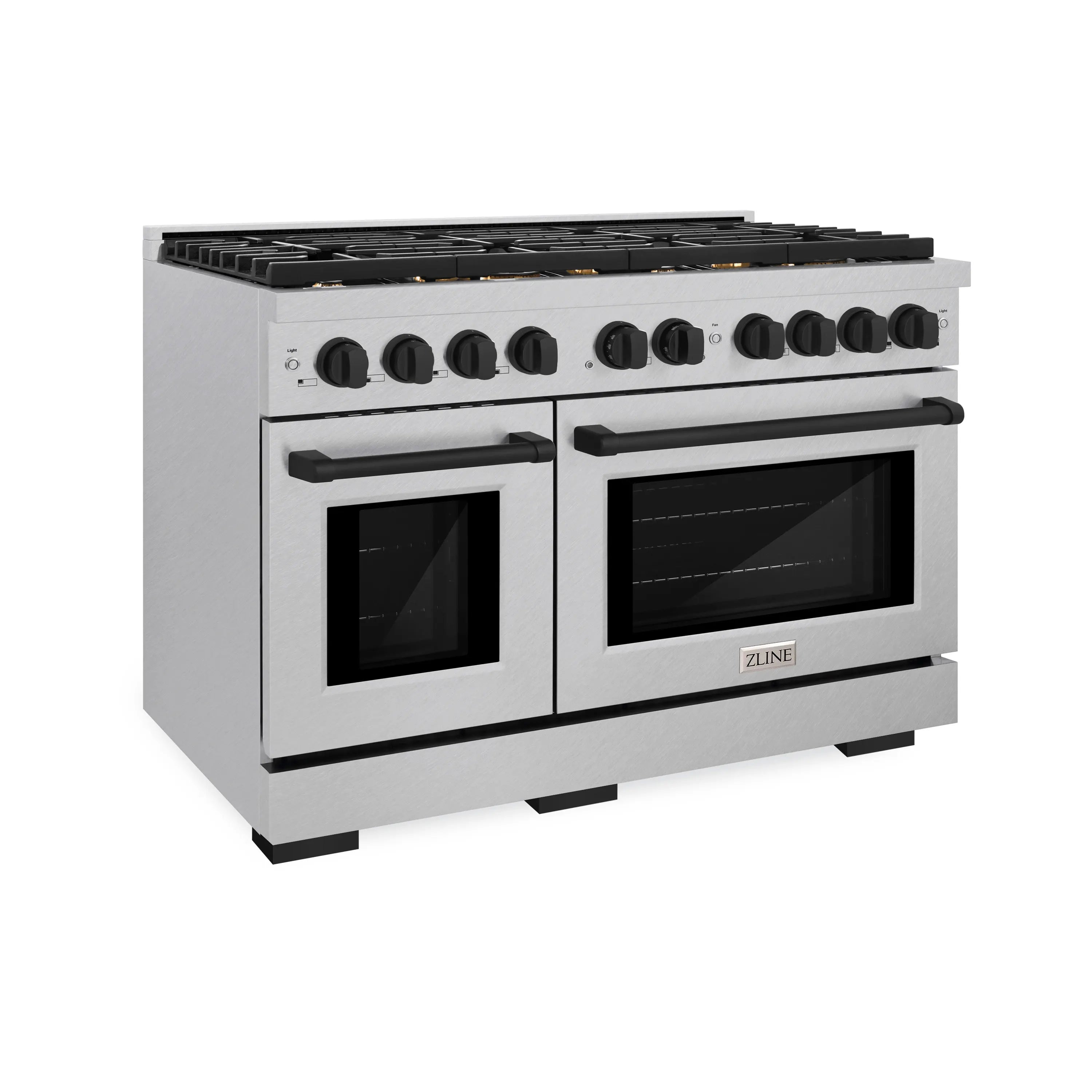 Dual-fuel range front view with black cooktop grates and stainless control panel with knobs.